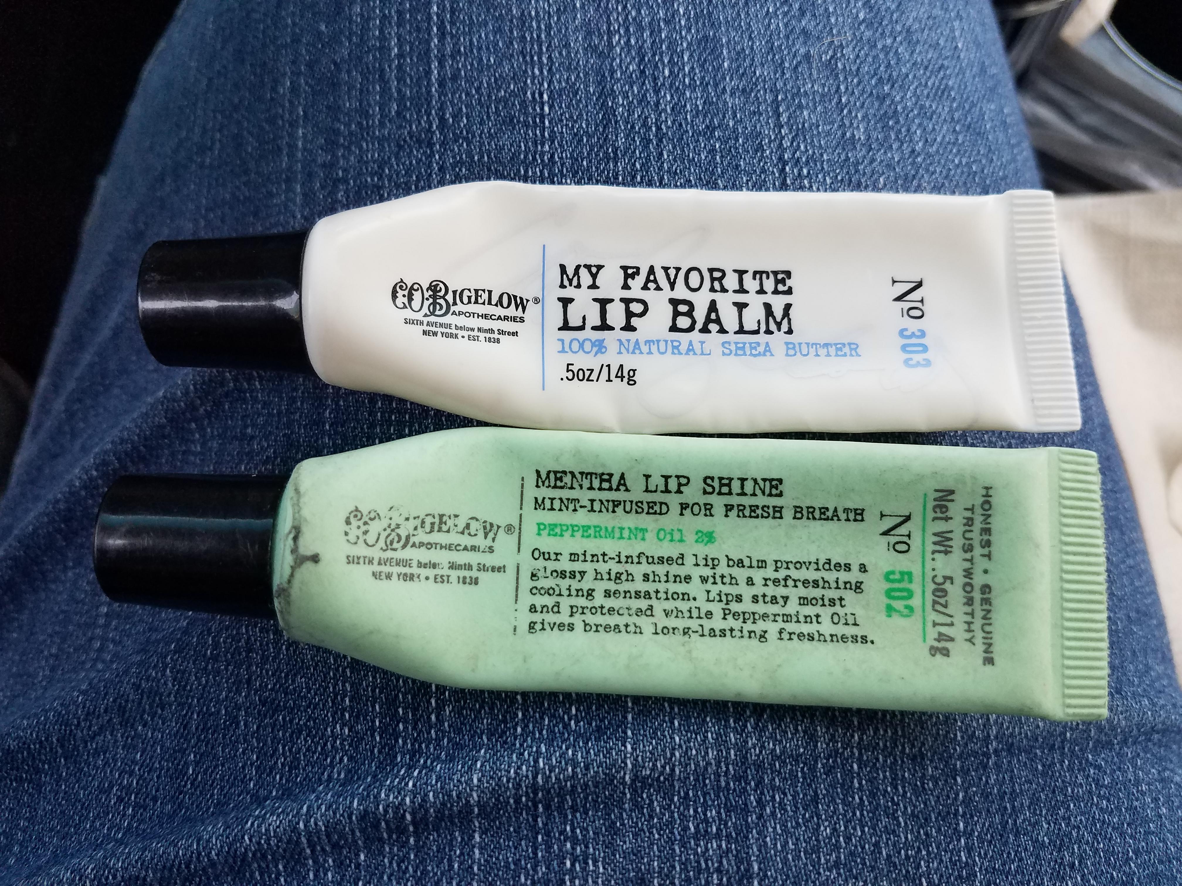 CO Bigelow My Favorite Lip Balm and Mentha Lip Shine. The texture has