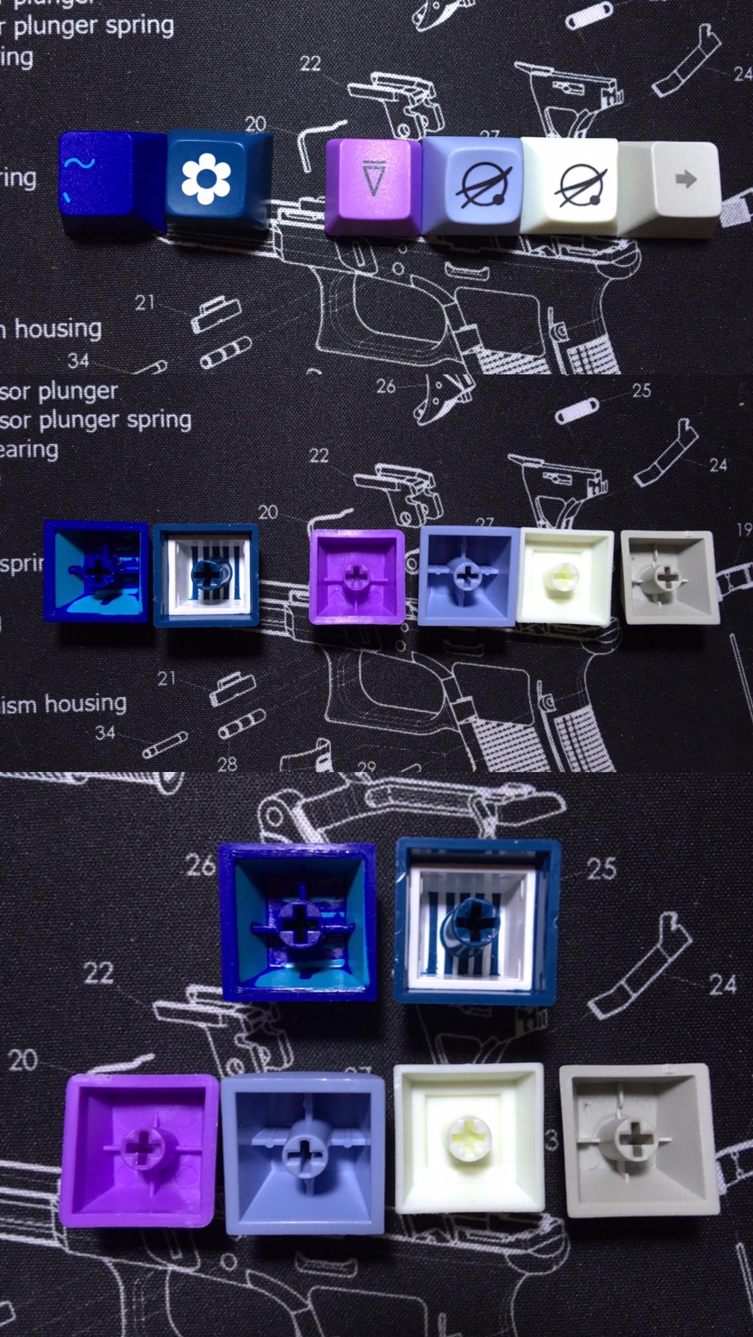 MT3 Godspeed minuteman keycap thickness comparison. From left to right