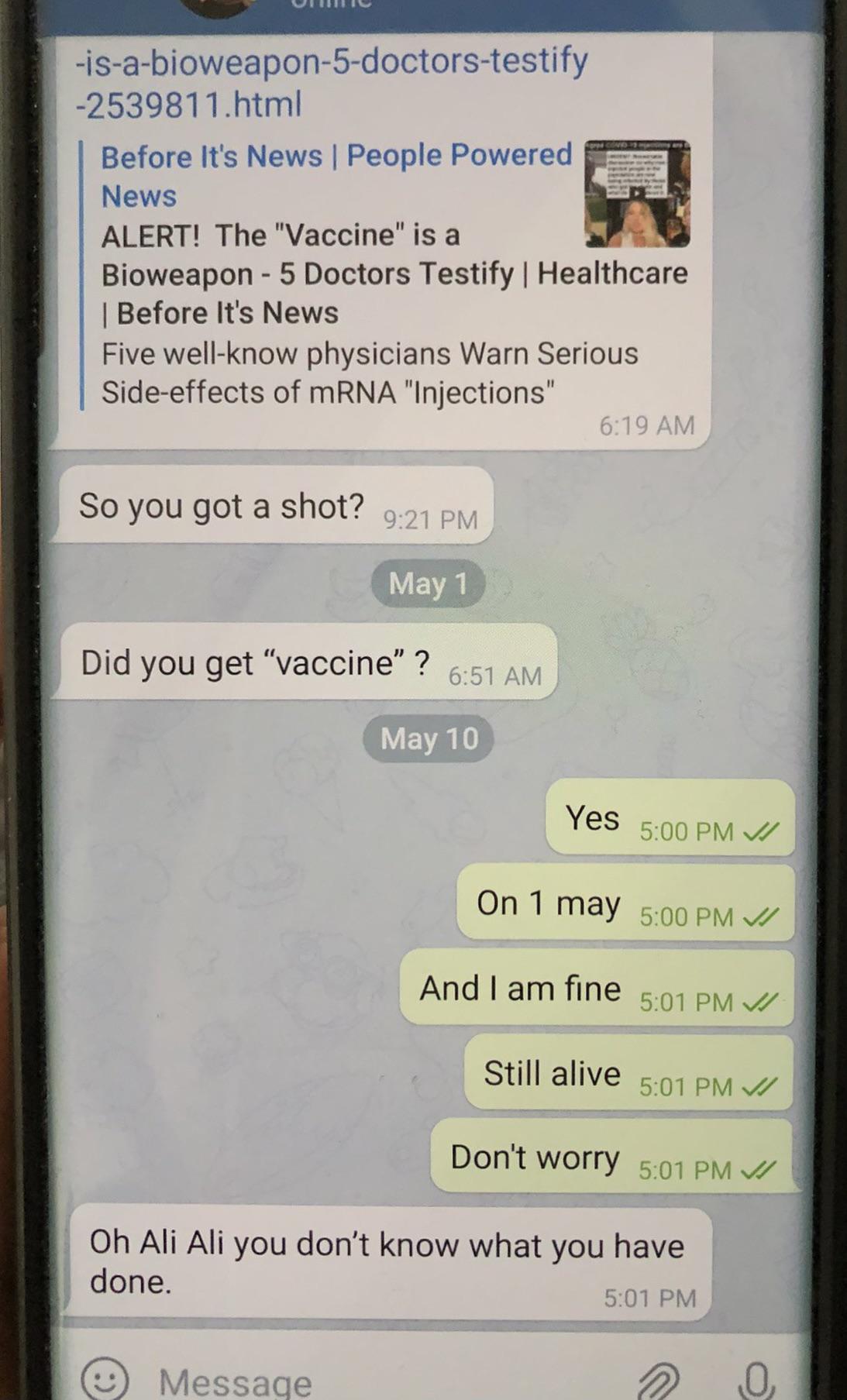 Conversation between two friends with his friend convincing him not to get the vaccine sadcringe
