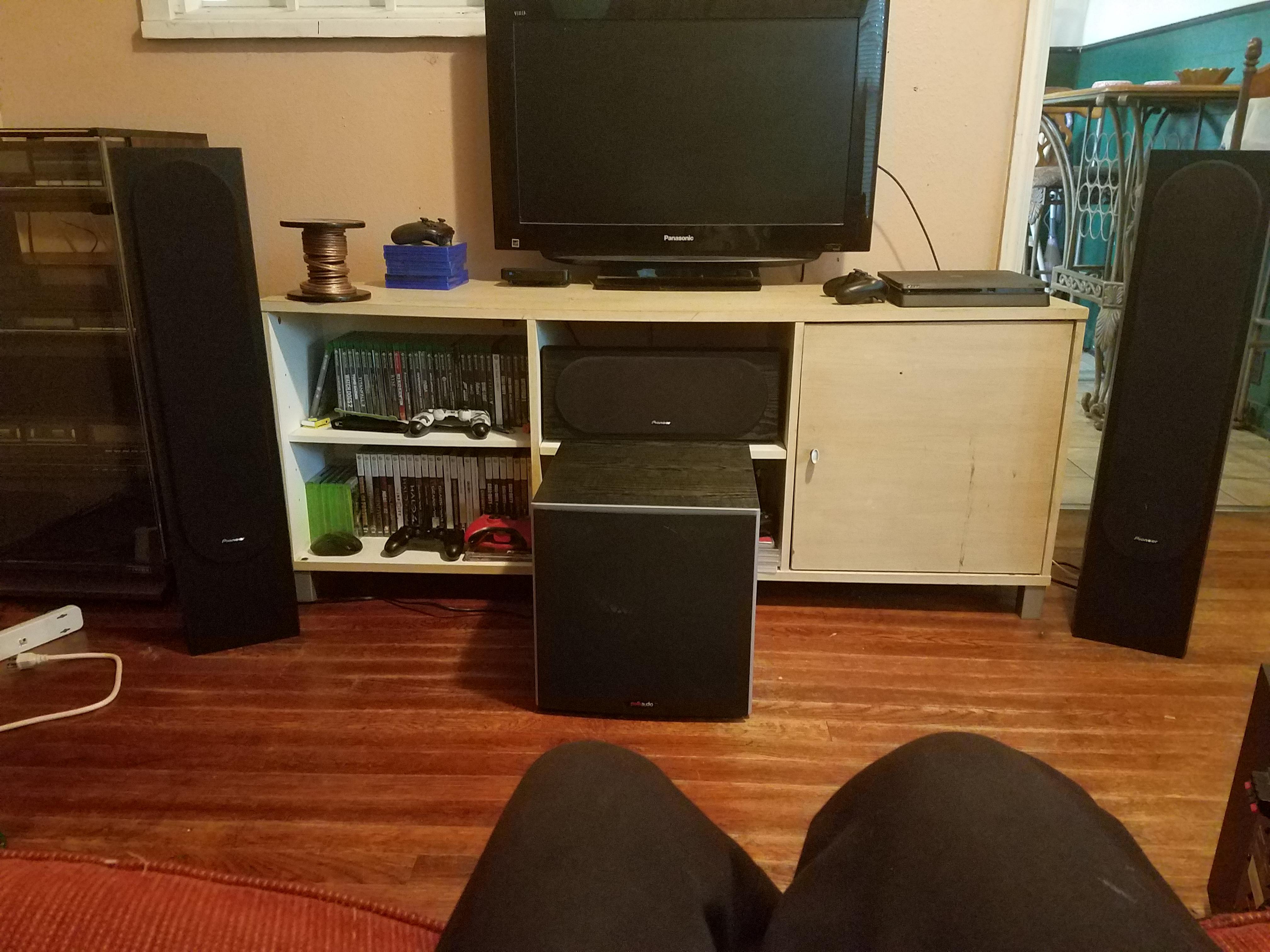 My very first audio system! The center speaker wont play due to receiver issues (need a hifi