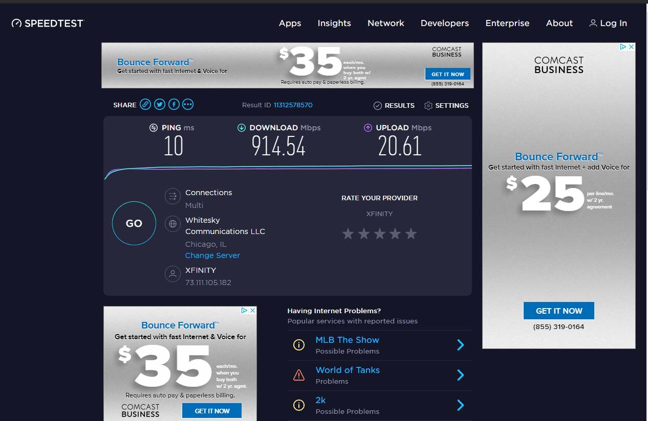 Spectrum’s new Ultra” 400Mbps plan speedtest