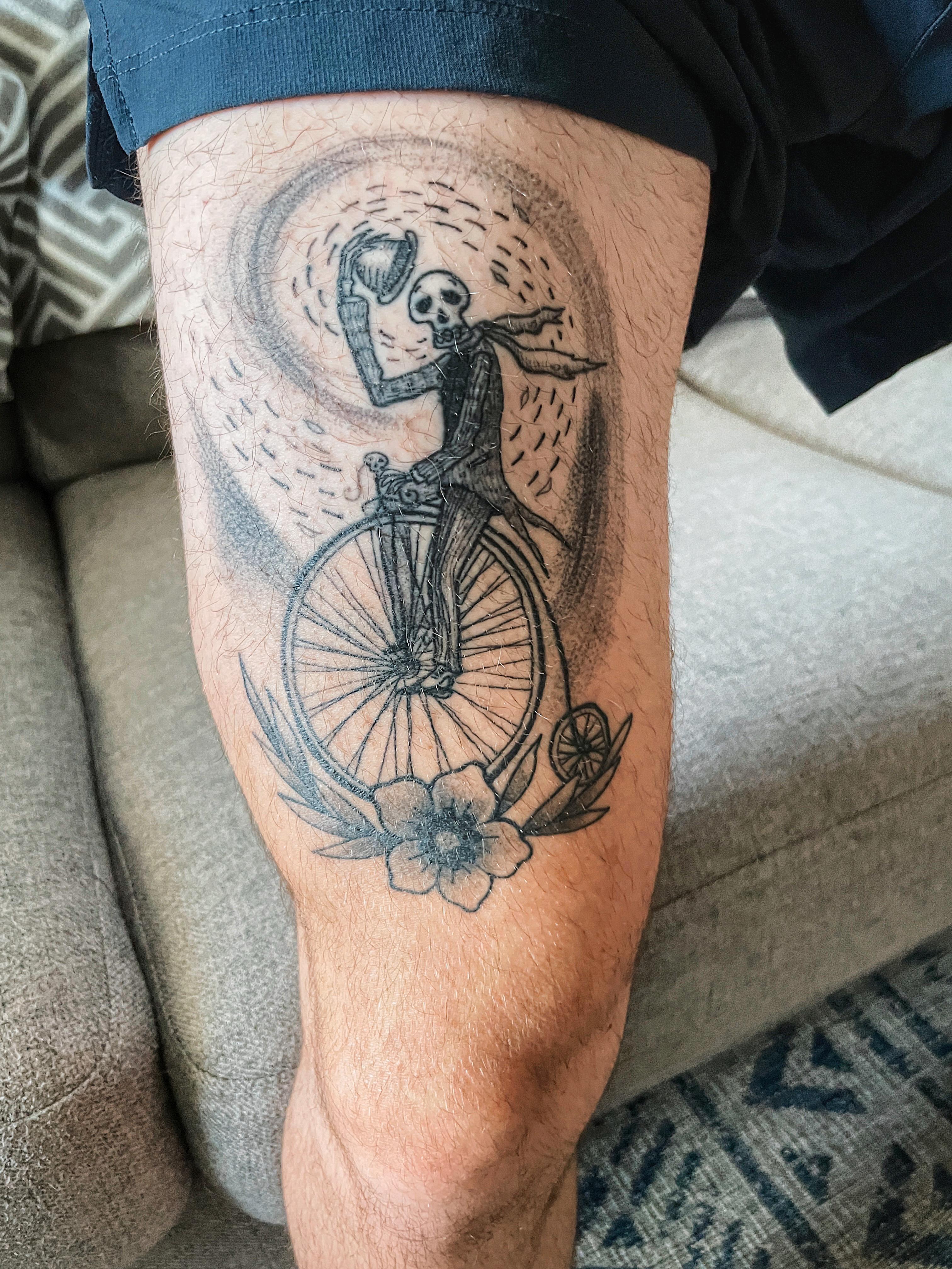 Skeleton dude riding a pennyfarthing by Nicole Errico at Electric Eye
