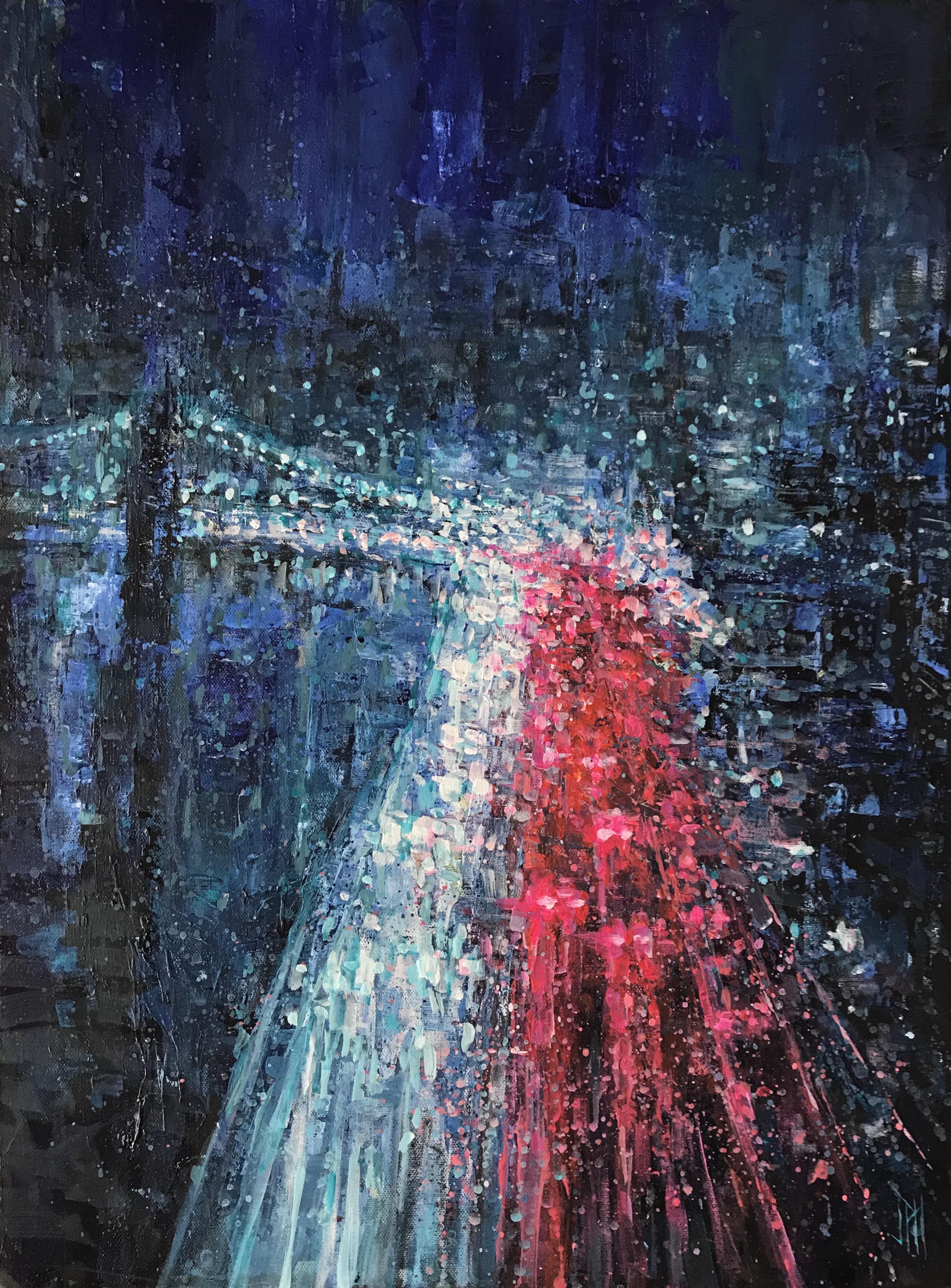 Painting I did of Manhattan Bridge and night traffic. r/nyc