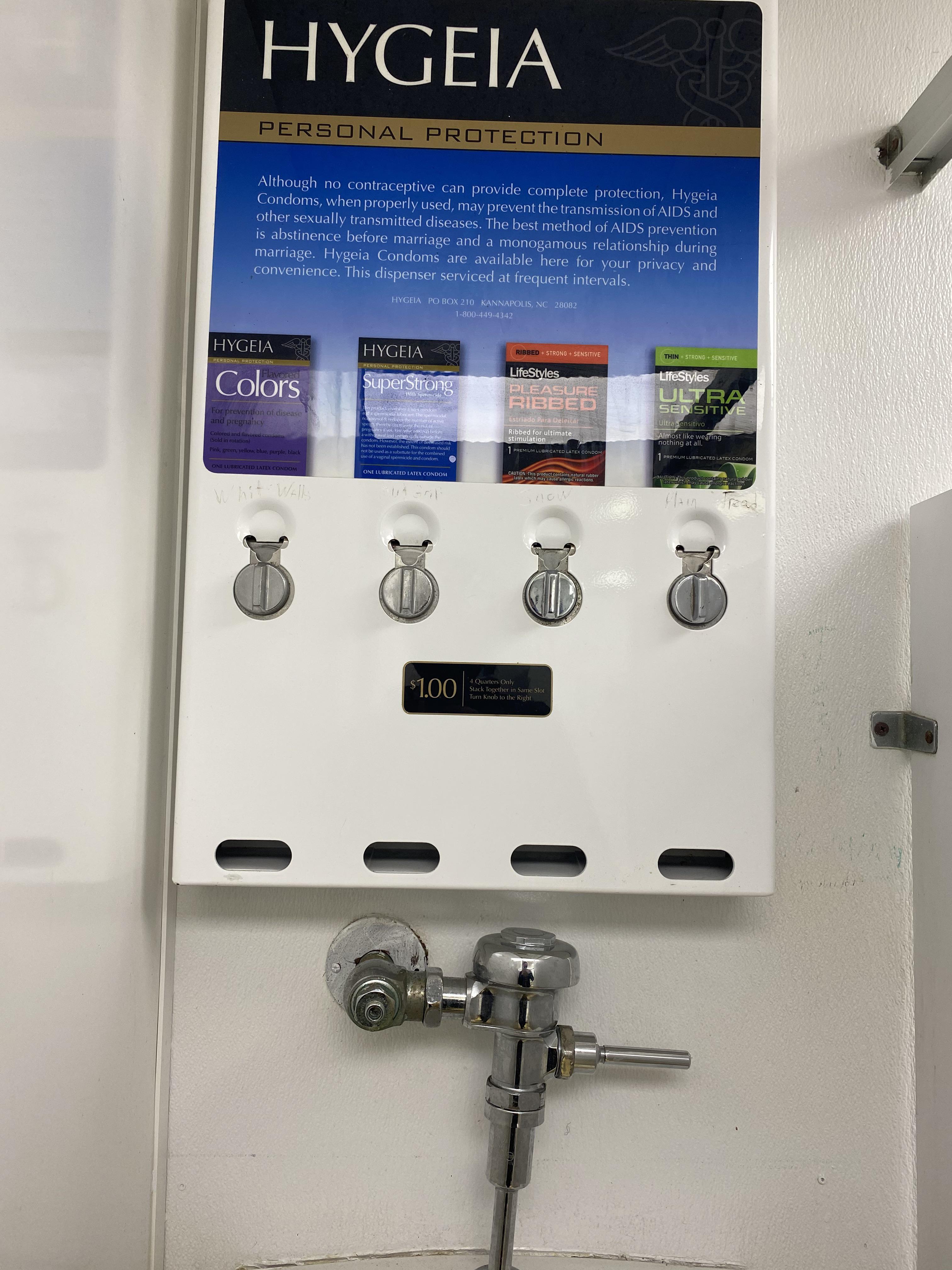Condom dispenser in a gas station, women’s bathroom had one beside the