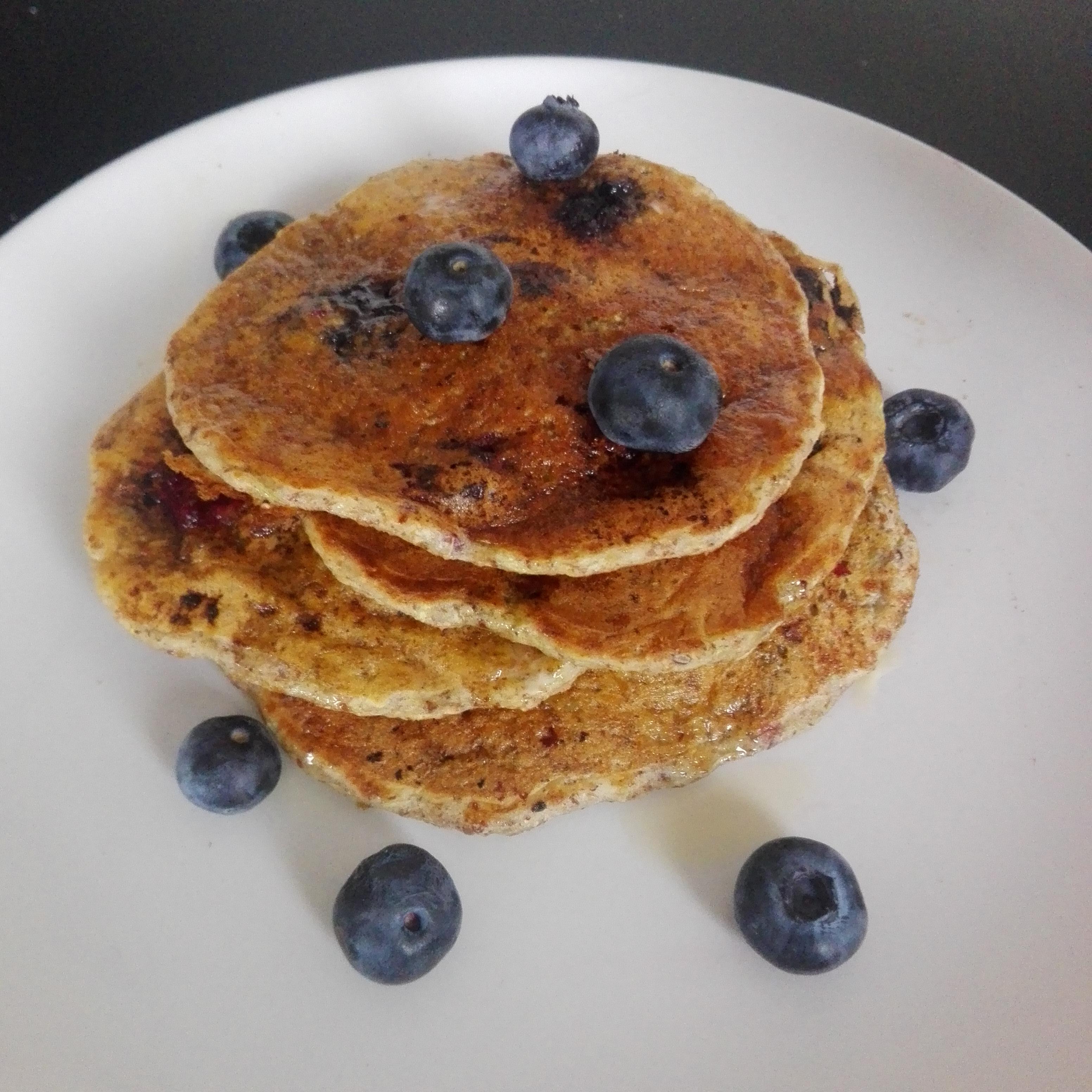 Whole wheat, flax, blueberry pancakes, 55 calories each, 1013 cm