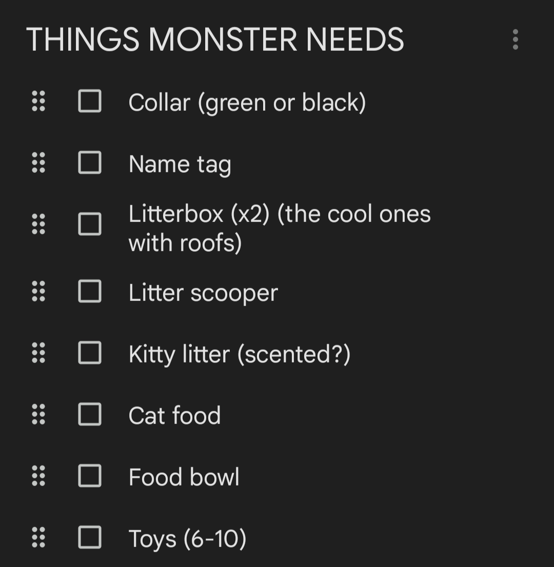 I'm picking up a cat in a couple days. I'll go shopping with him the