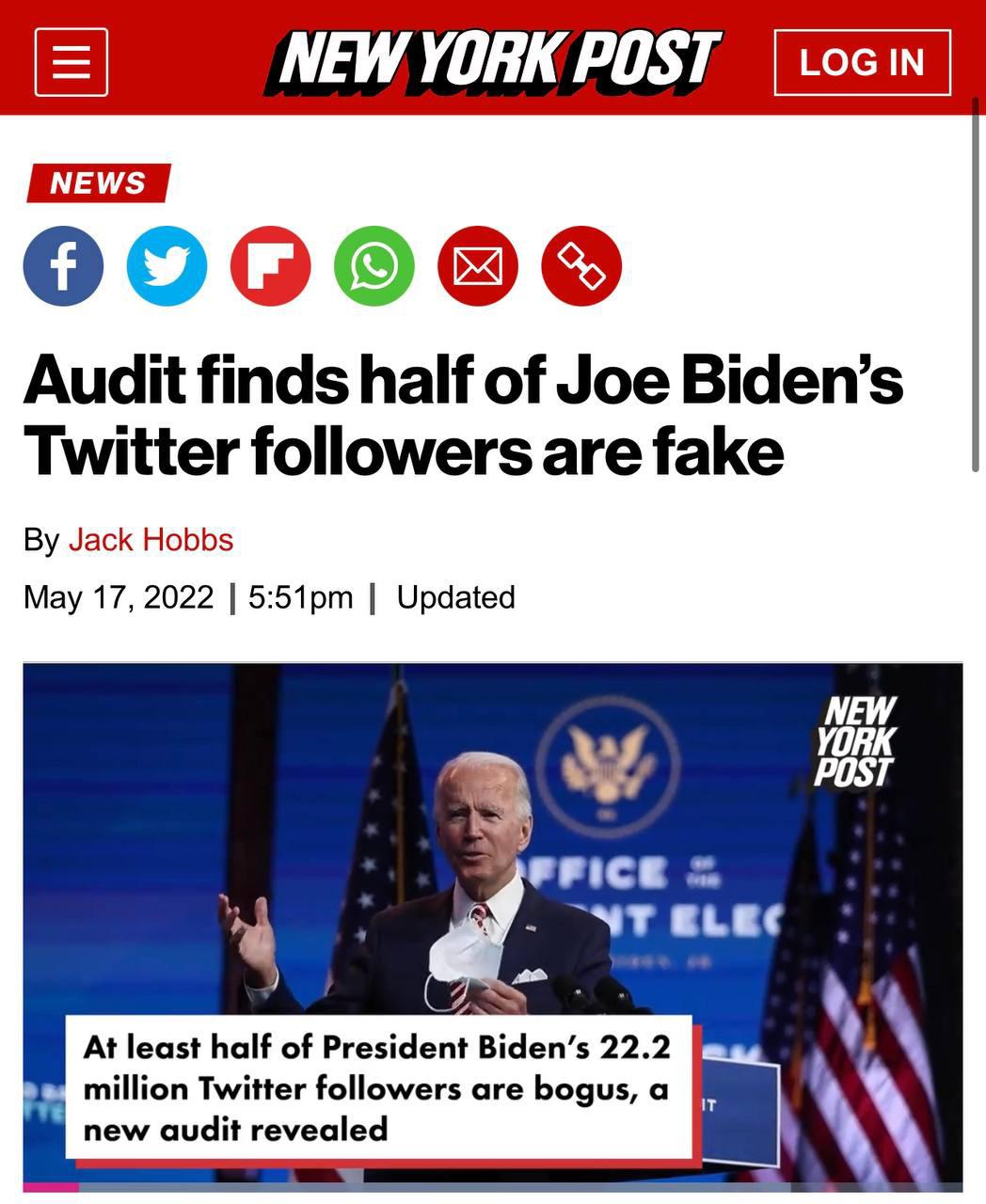 Audit finds half of Joe Biden’s Twitter followers are fake “At least