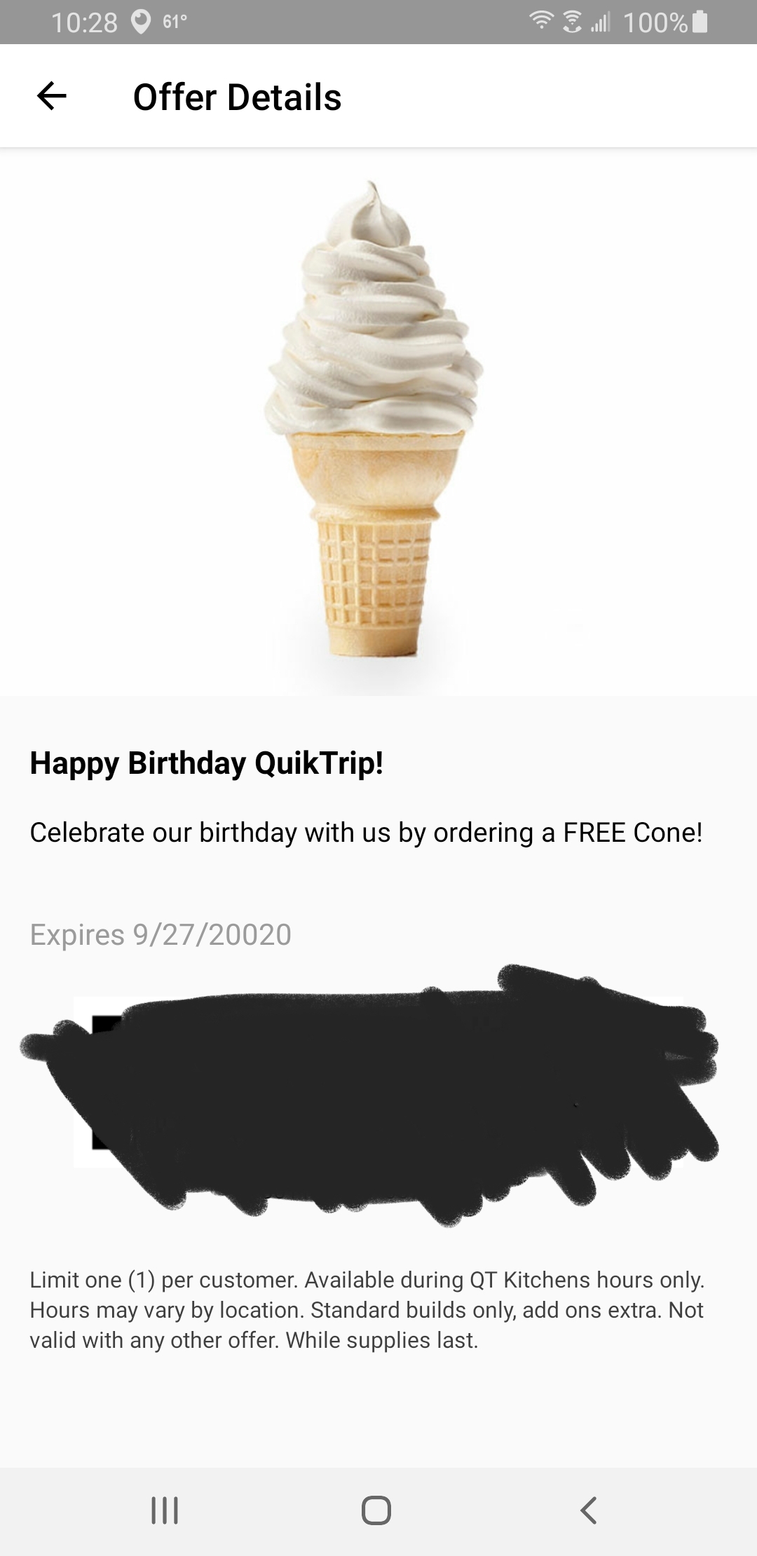 Free Ice Cream Cone on the QuikTrip App to Honor Their Birthday. r