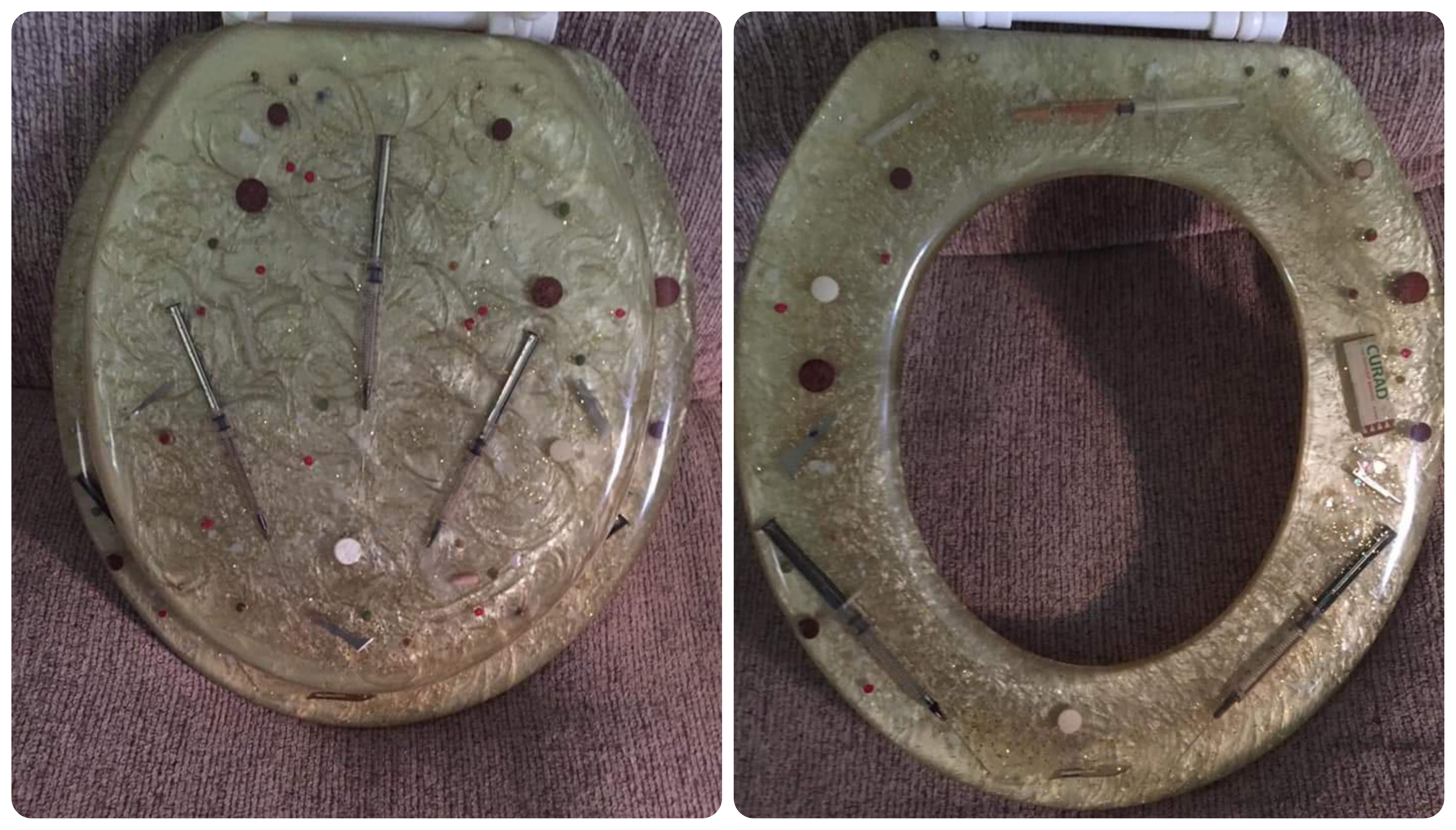 A very unique sparkly aspirin, needles & razor blades toilet seat r/WTF