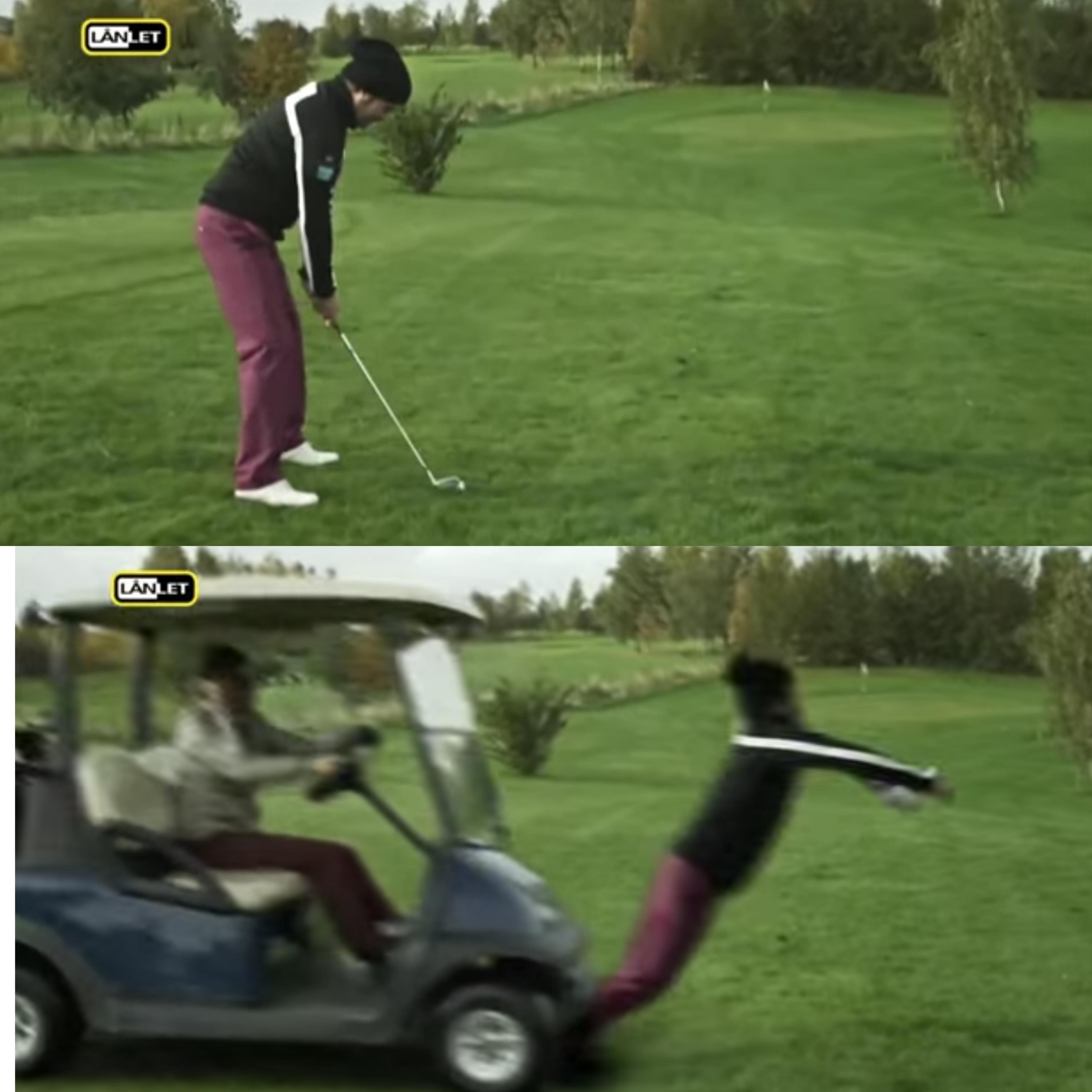 Pictured Guy being run over by a golf cart while golfing r