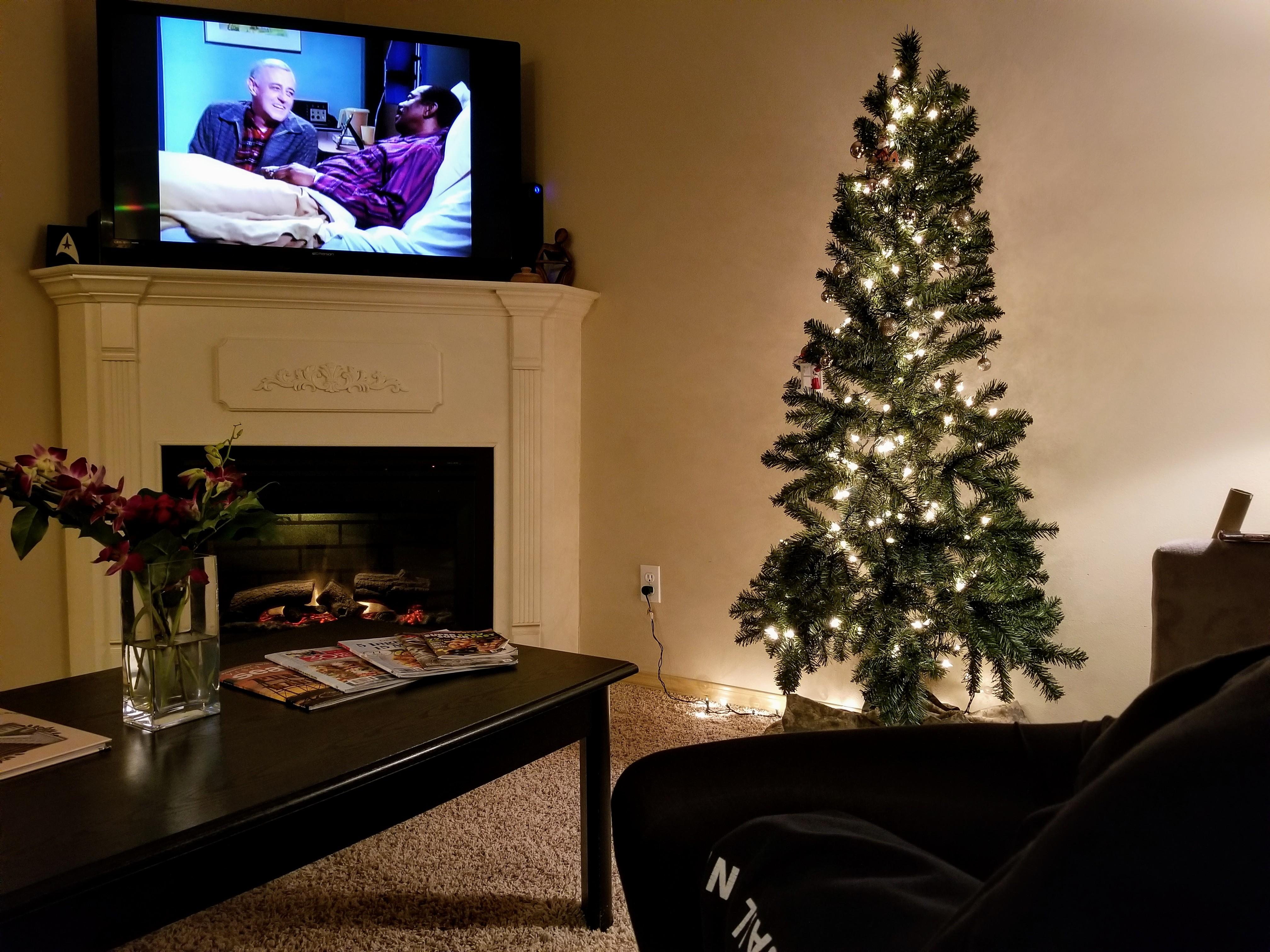 A warm fire, Christmas lights, wife and me cuddled up on the couch on a