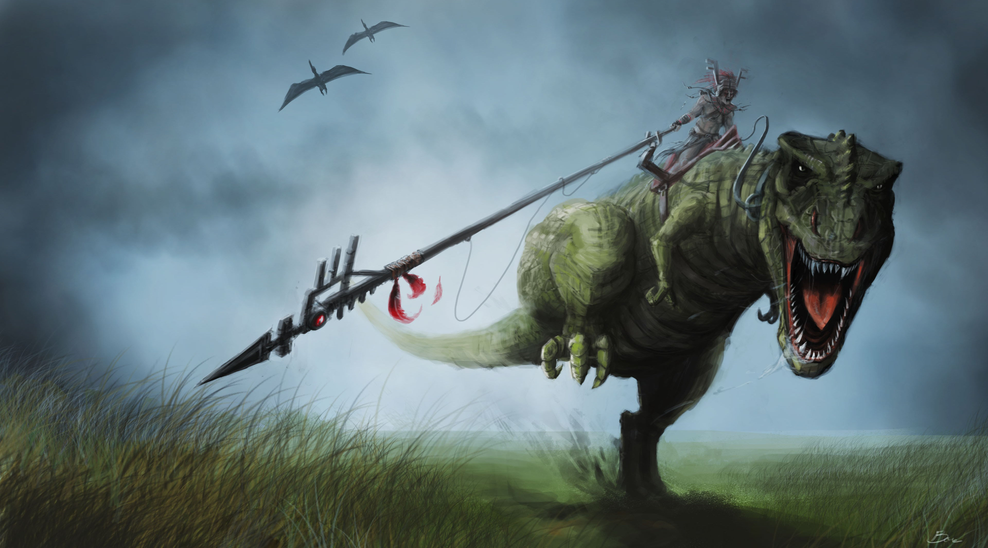 a cool guy with a cool spear riding a cool dinosaur CoolDinosaurPictures
