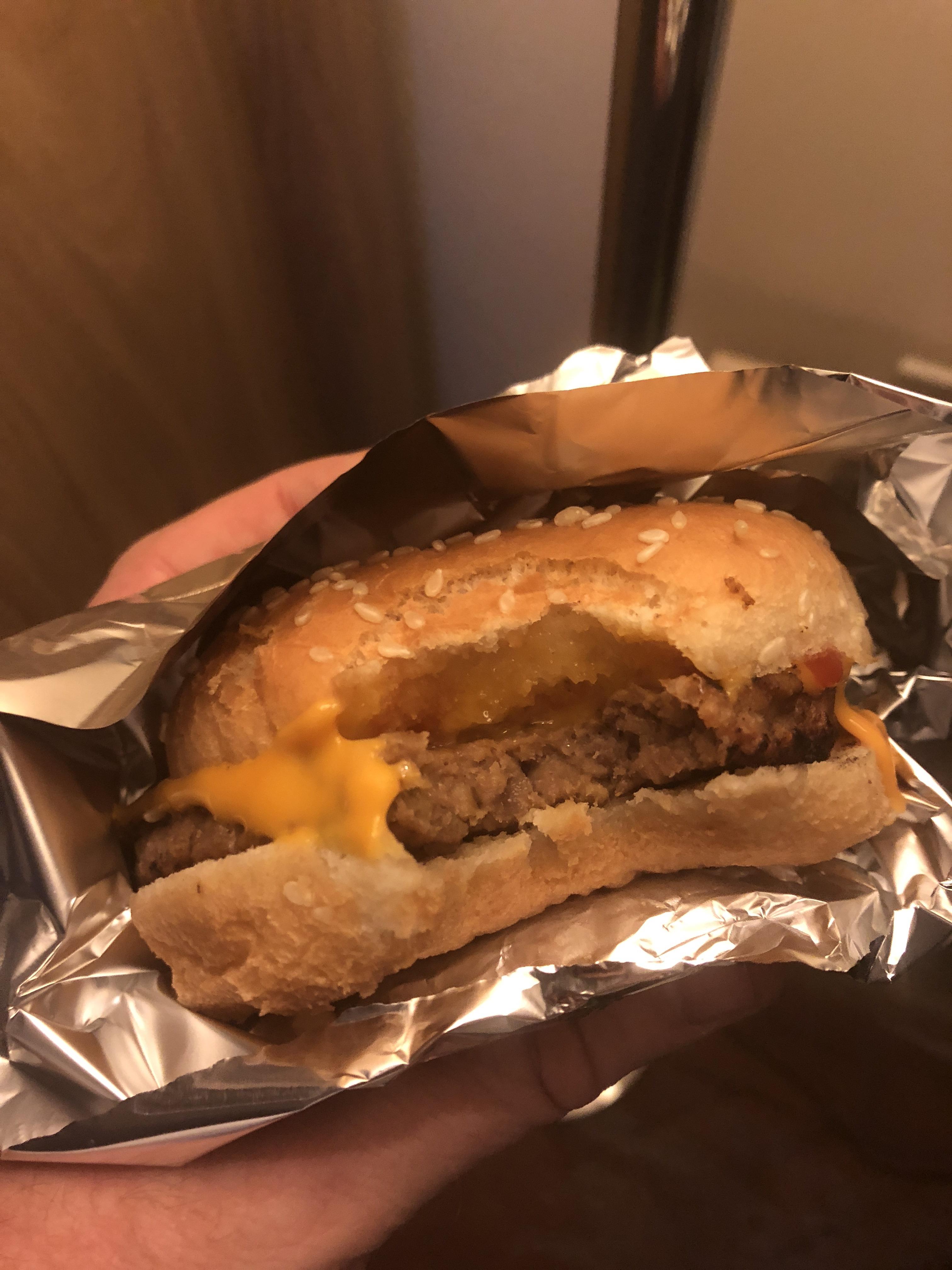 Microwave burger , served in silver foil so I can pretend it's a "five