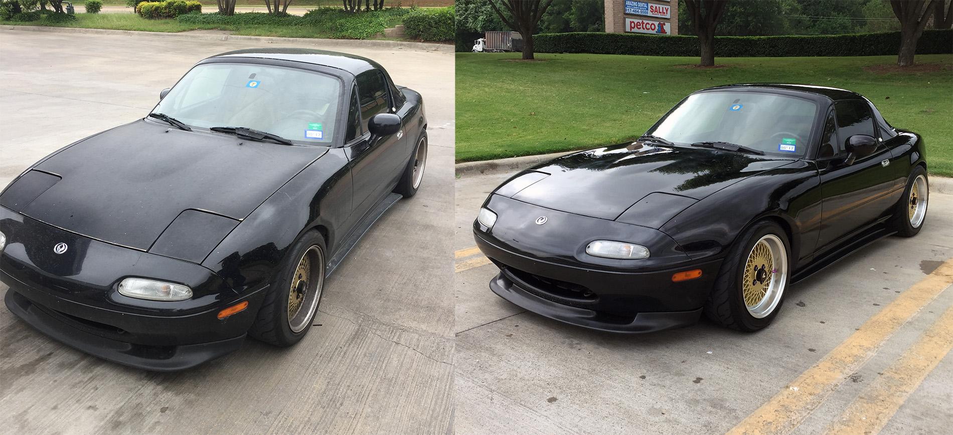 Before and after a detail and buff on oxidized paint r/Miata