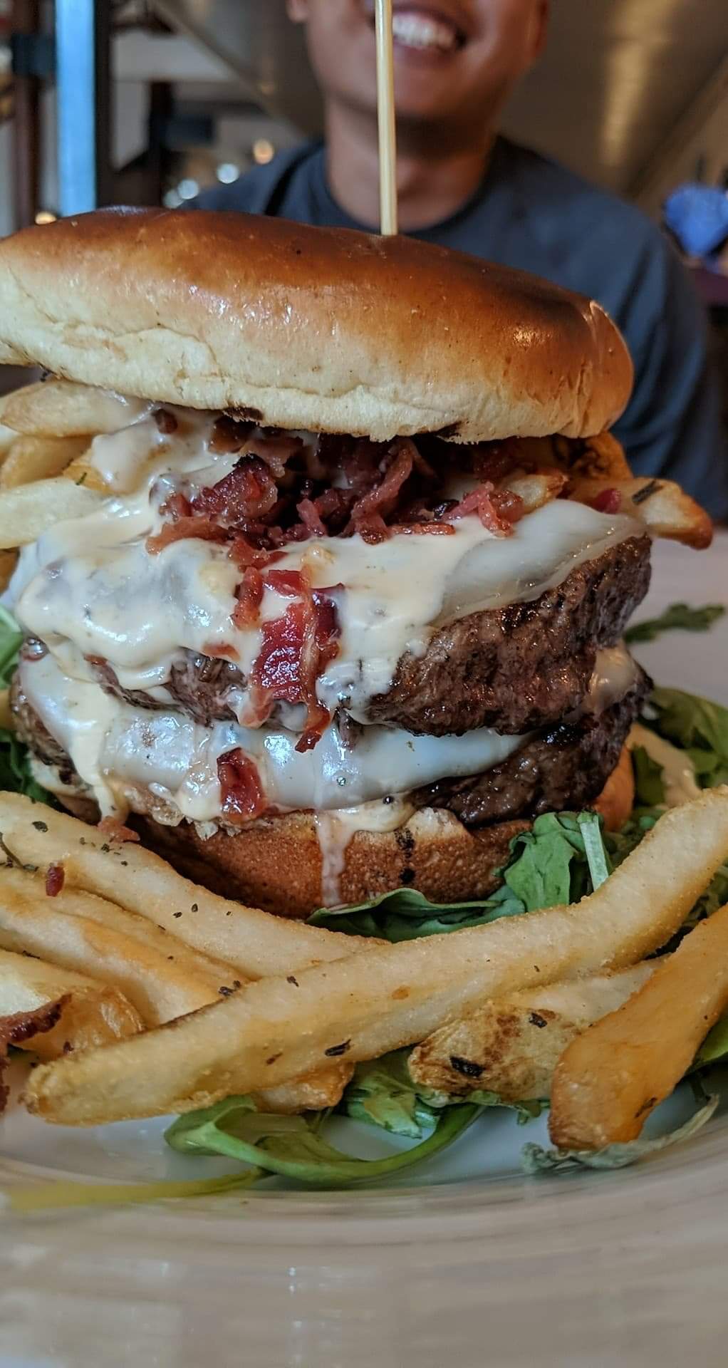 [I ate] a double stack fondue burger with rosemary fries r/food