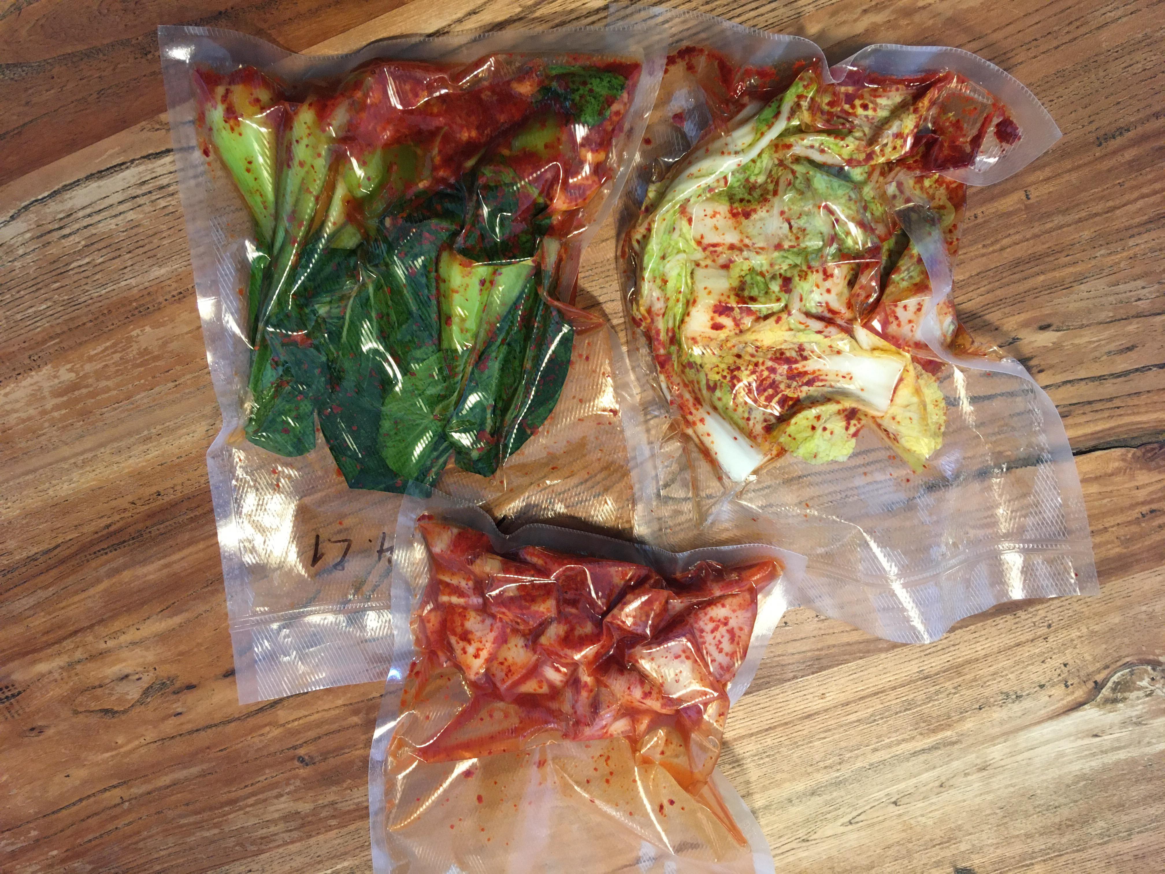 Trying vacuum kimchi for the first time. 3 kinds purple daikon, pak
