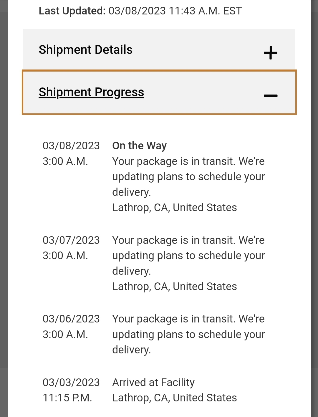 Package stuck at Lathrop facility for 5 days, anyone else experiencing