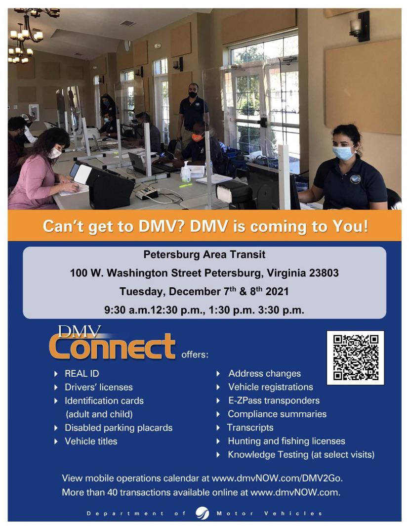 Petersburg DMV will be at Petersburg Area Transit TOMORROW (12/7