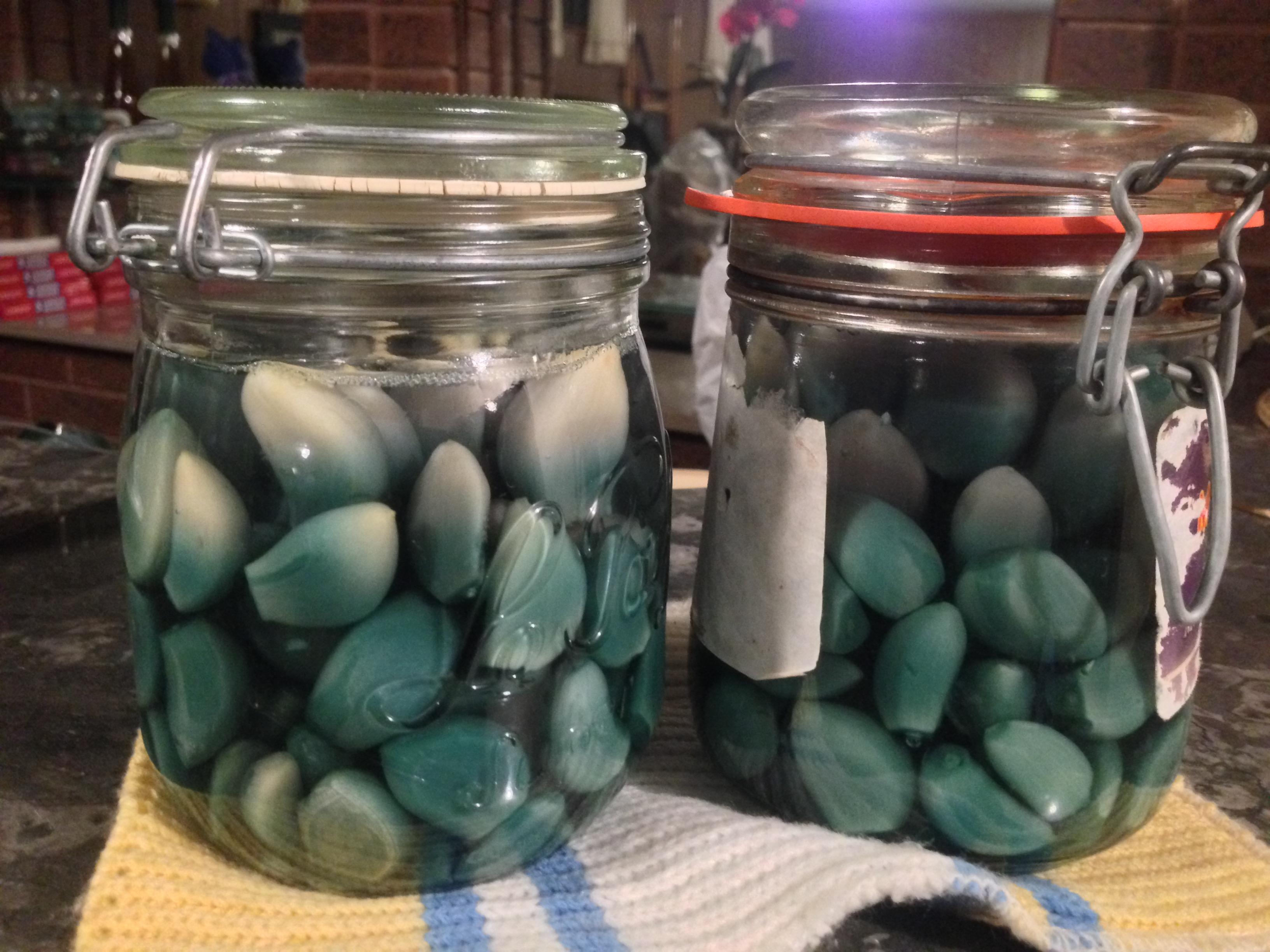Pickling garlic turns the cloves green... or blue in this case. r