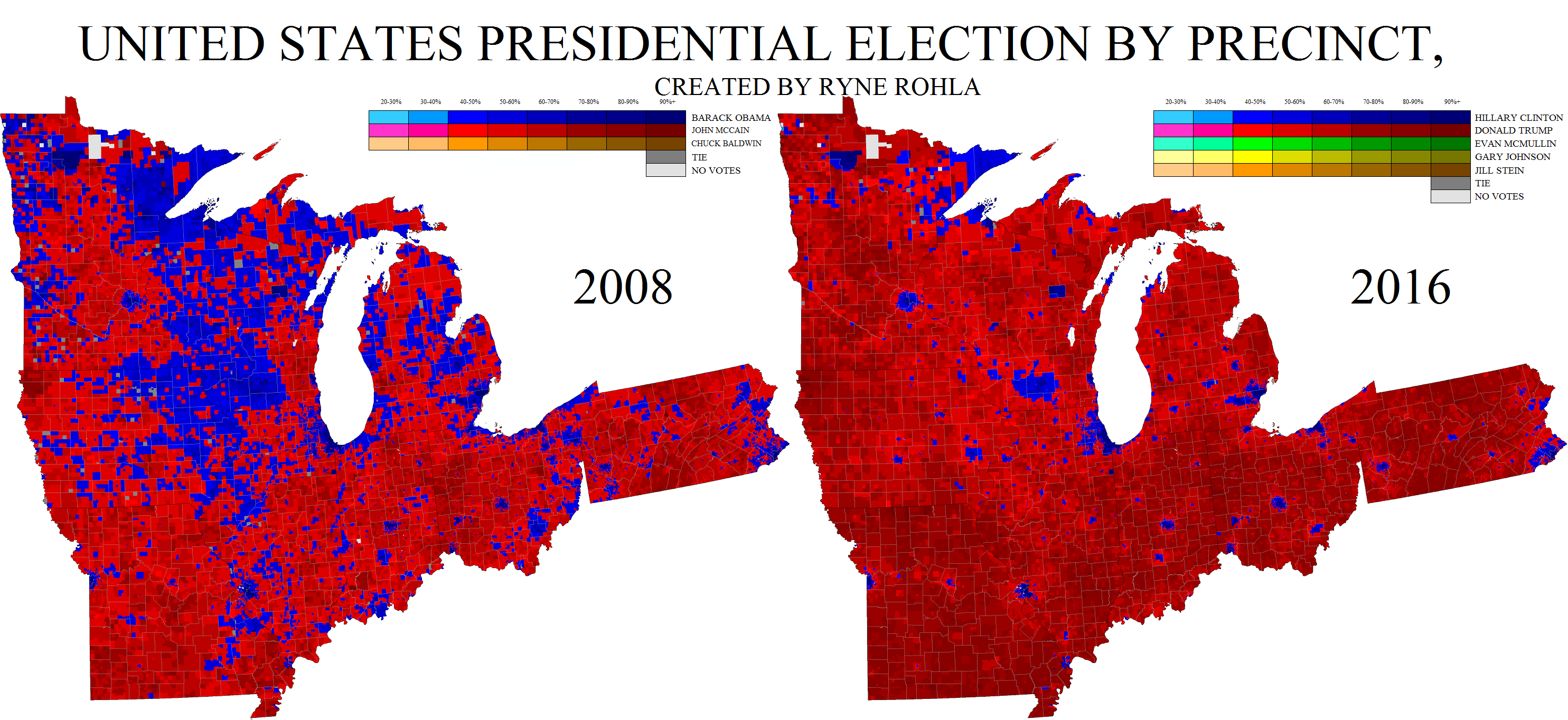 US Presidential Election by Precinct in the Midwest, 2008 vs 2016 r