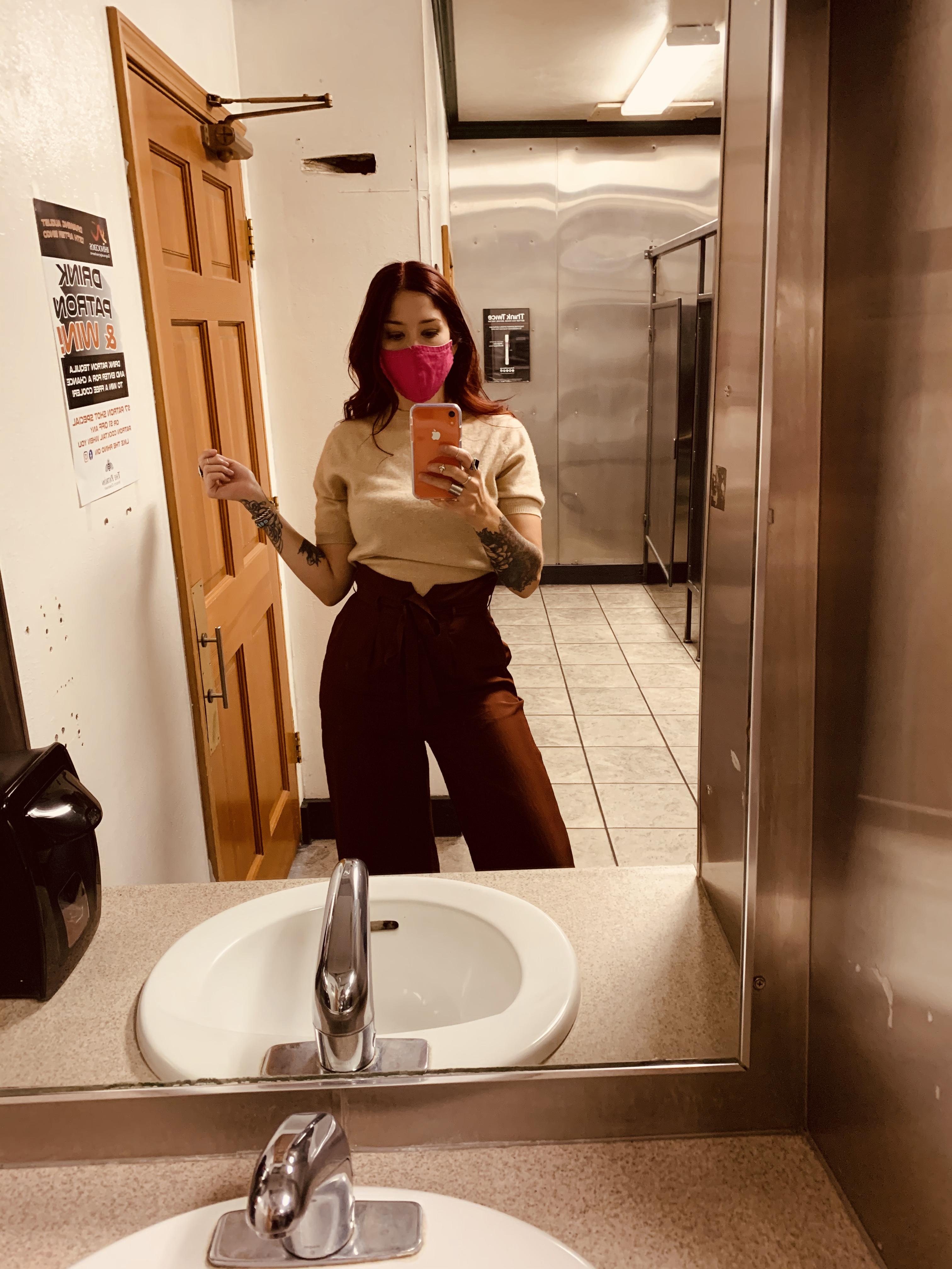 Bar Bathroom Selfies + HighWaisted Red Silk Pants that match my hair