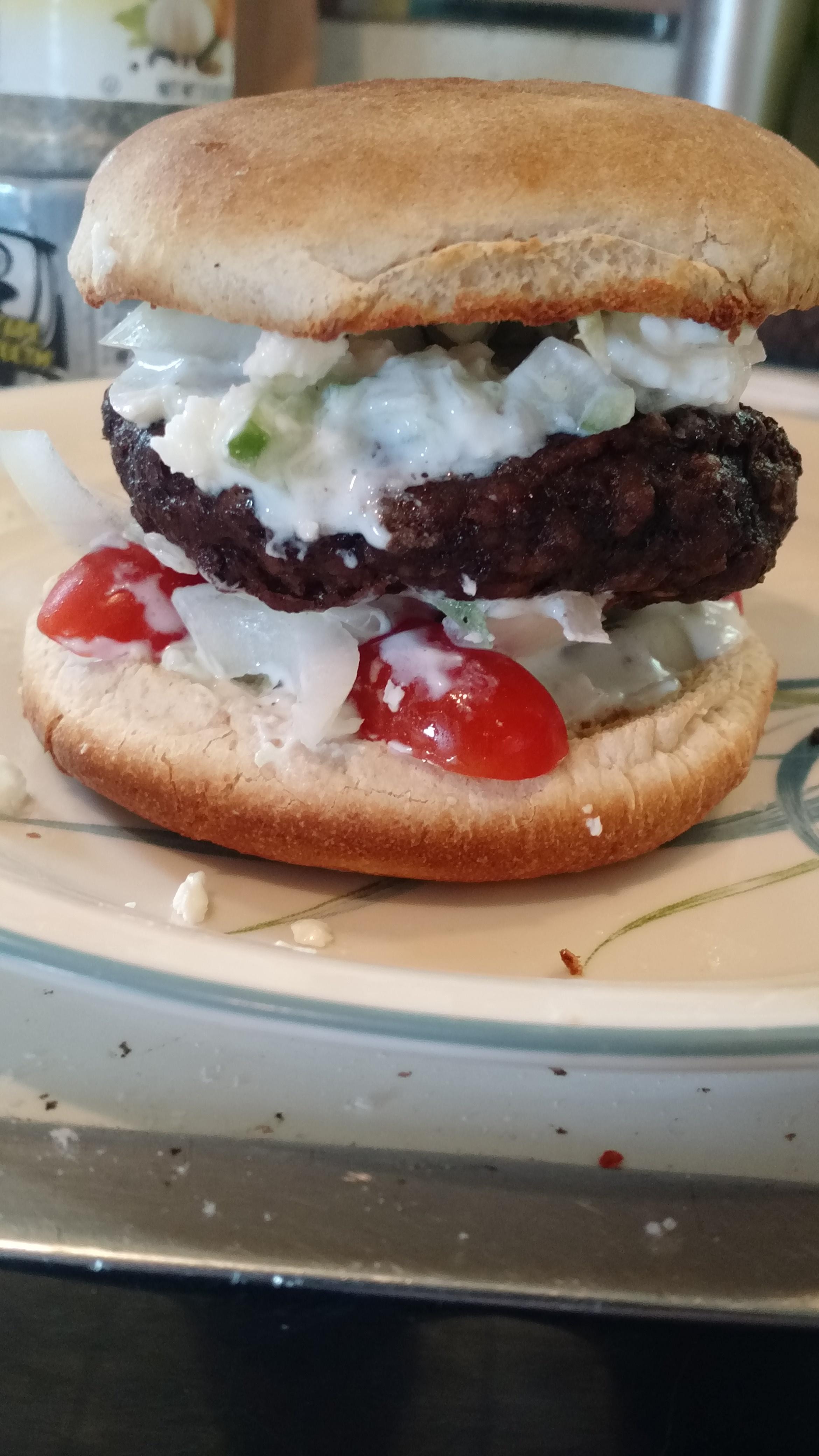 Gyro burger!! Loaded up 3 & 1/2 ounce lamb patty with feta cheese