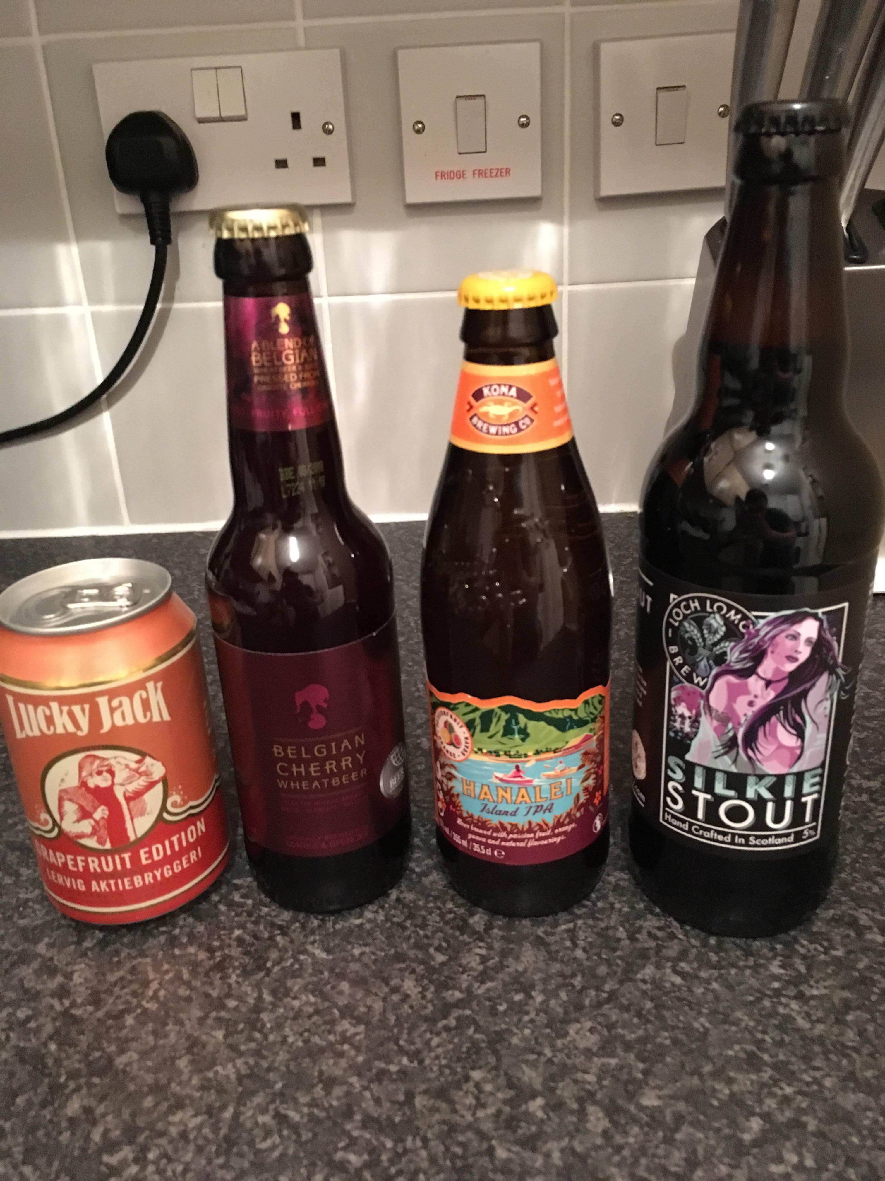 A grapefruit lager, Belgian cherry wheat beer, Hawaiian IPA and