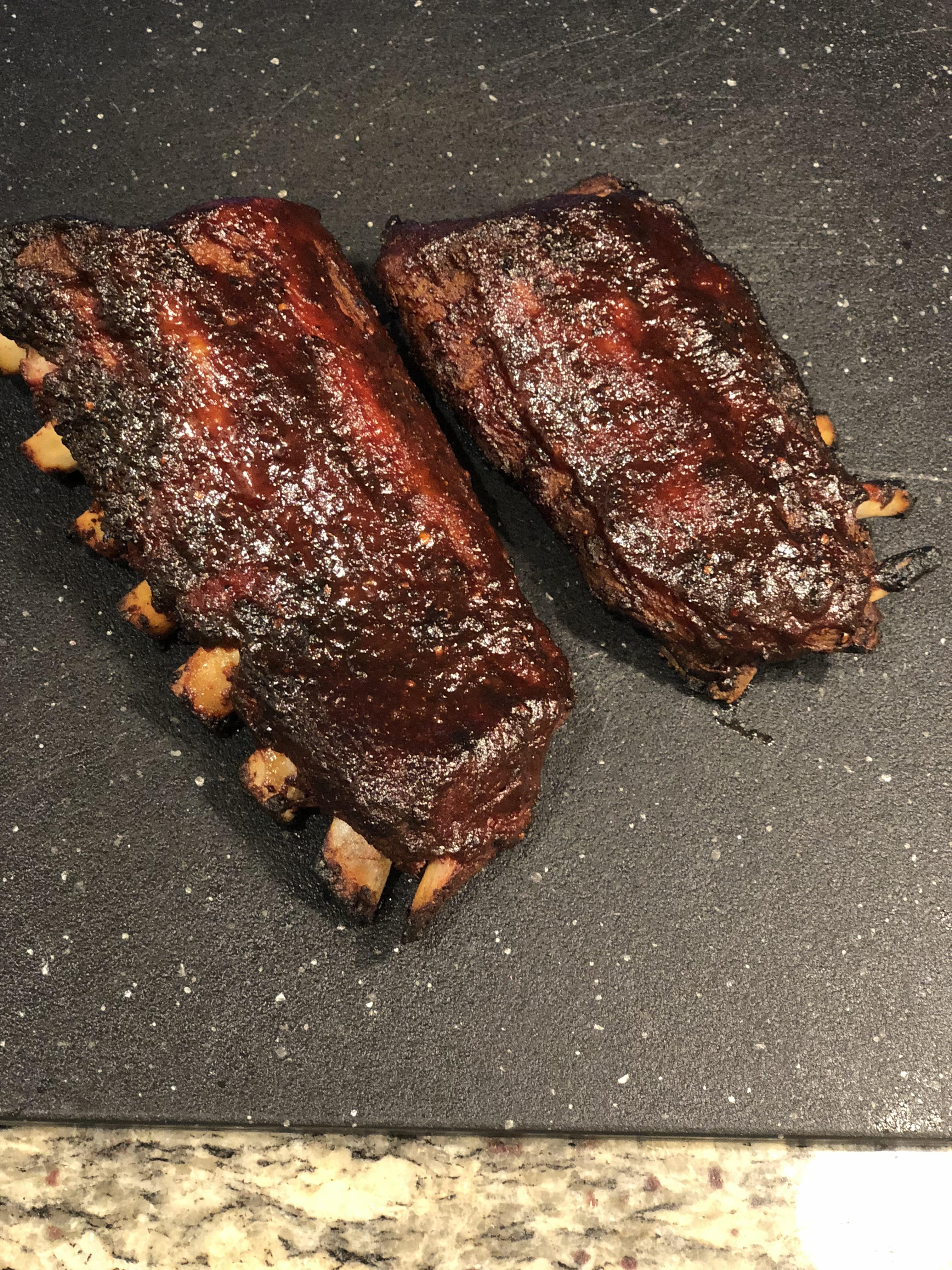 Baby back ribs 163F for 14 hours, finished on Green Egg for 1.5 hours