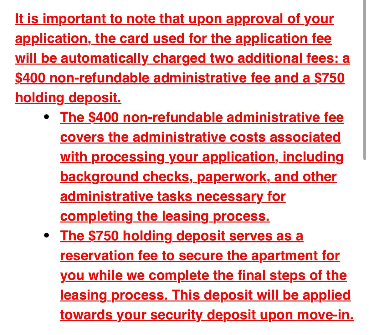 400 nonrefundable admin fee + 750 holding fee…This isn’t legal, is