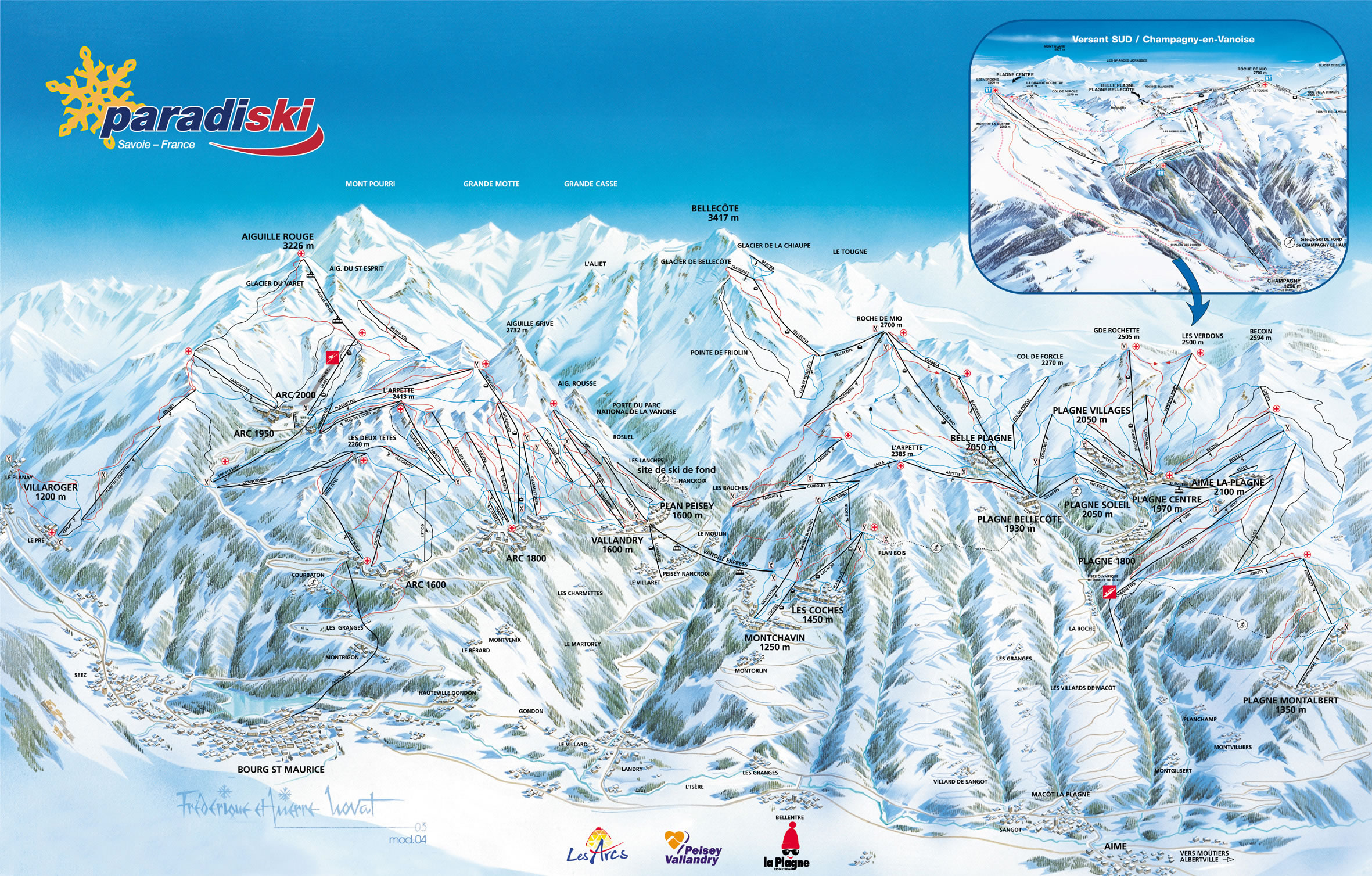 La Plagne France Map La Plagne, France, drawn map of the skiing domain papertowns