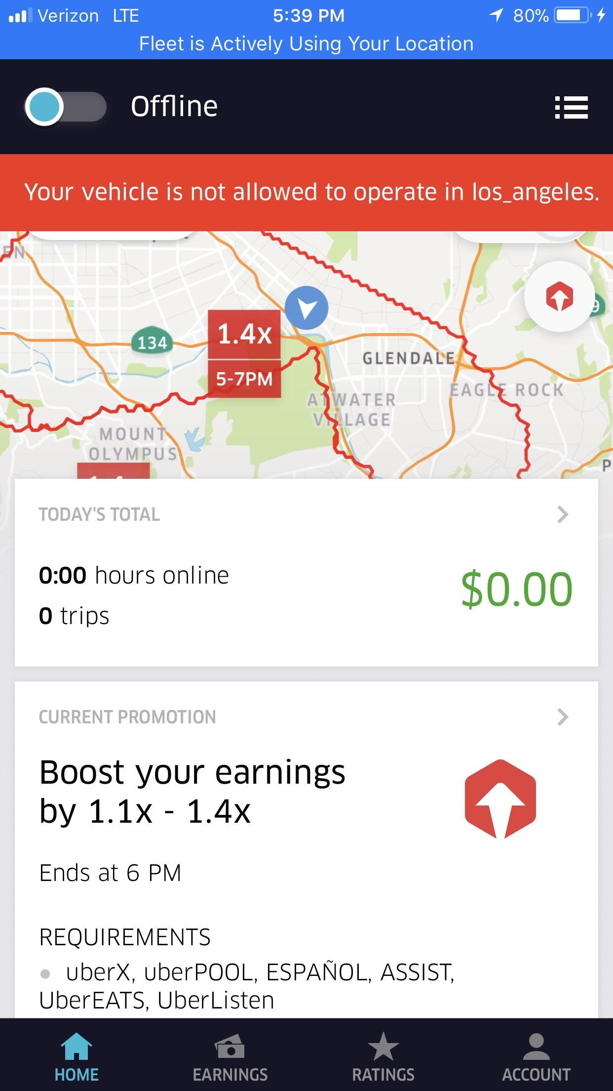 Uber eats my vehicle is not allowed to be driven in Los Angeles this is
