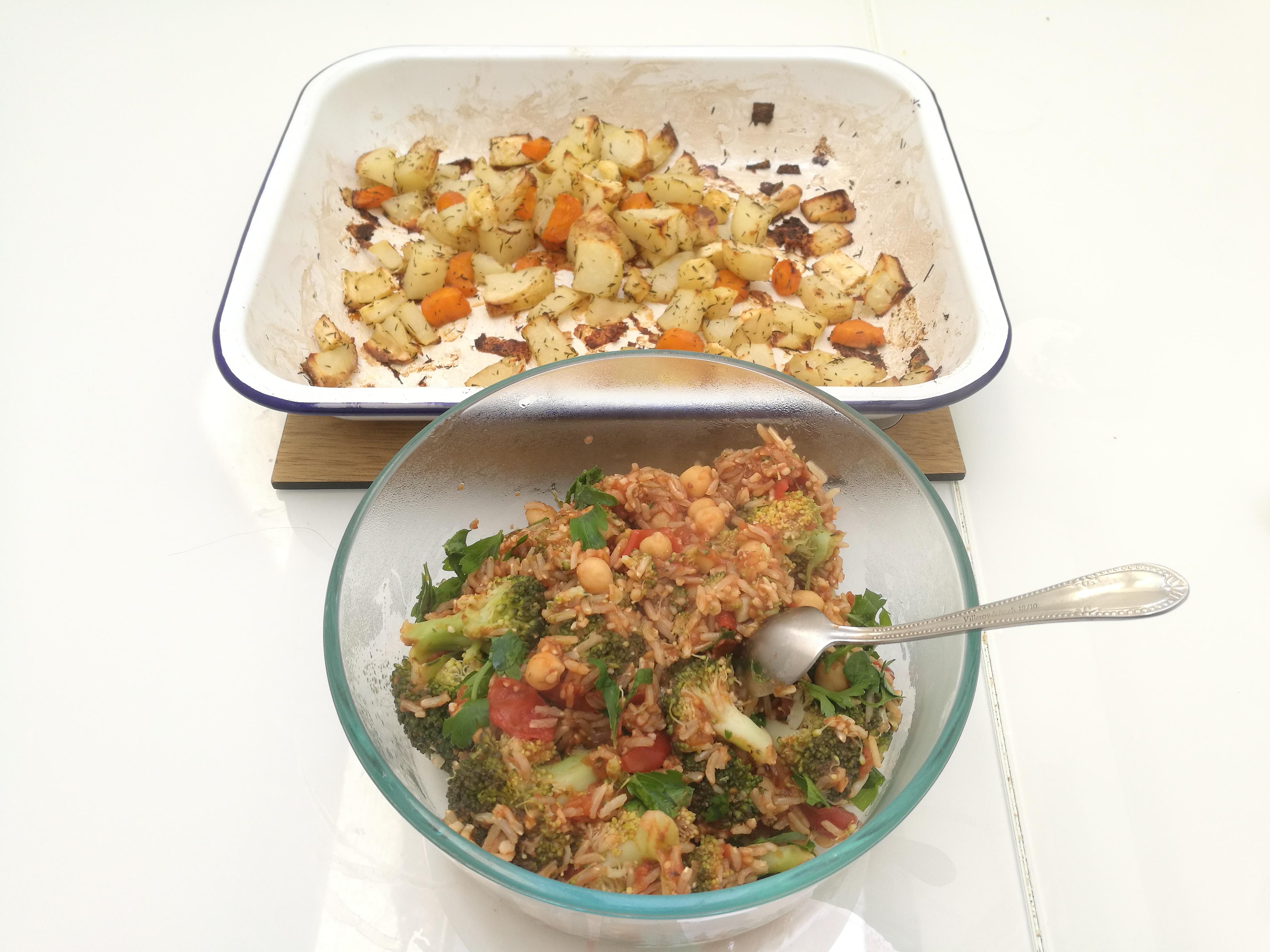 Brown rice cooked in tomato broth served with roasted root vegetables