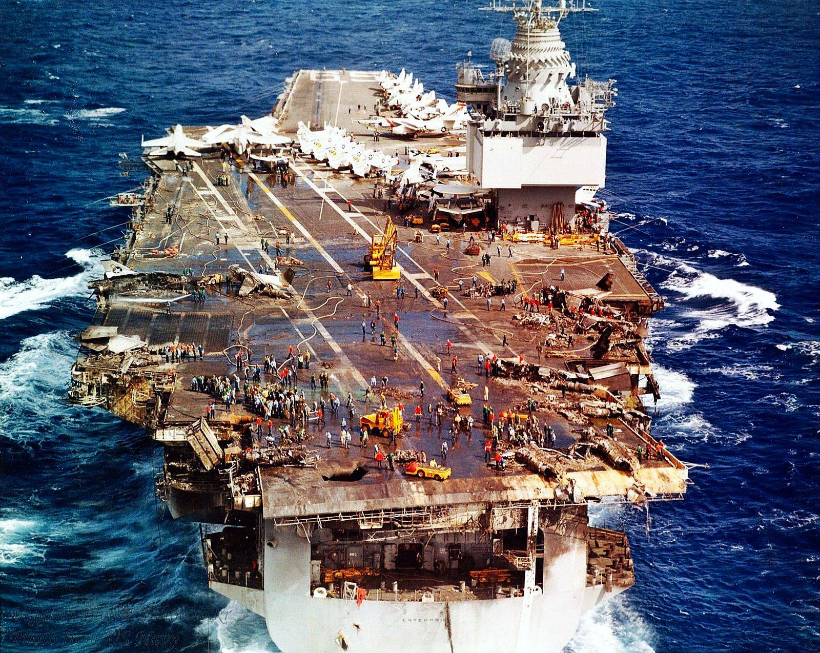 USS Enterprise. The aftermath of the disaster on January 14, 1969, seen