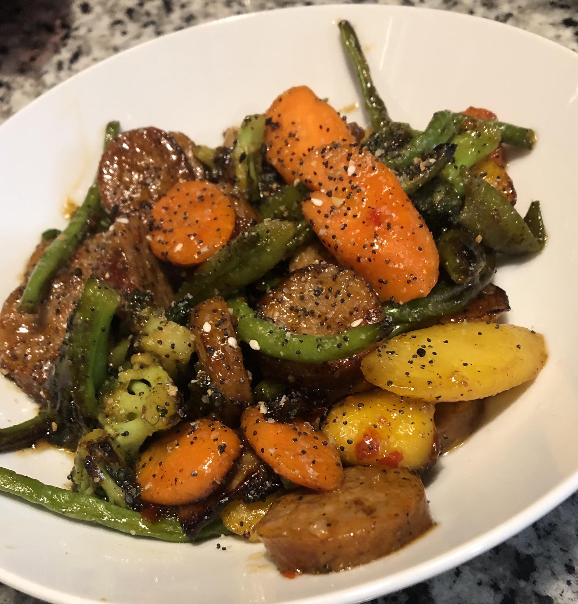 Tonight’s Low Carb BoD App Meal Spicy Sausage, Green Beans, Carrots
