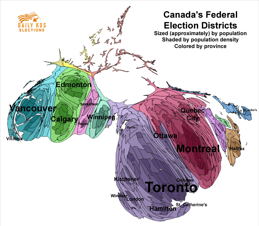A nice area cartogram showing Canada's relative population distribution