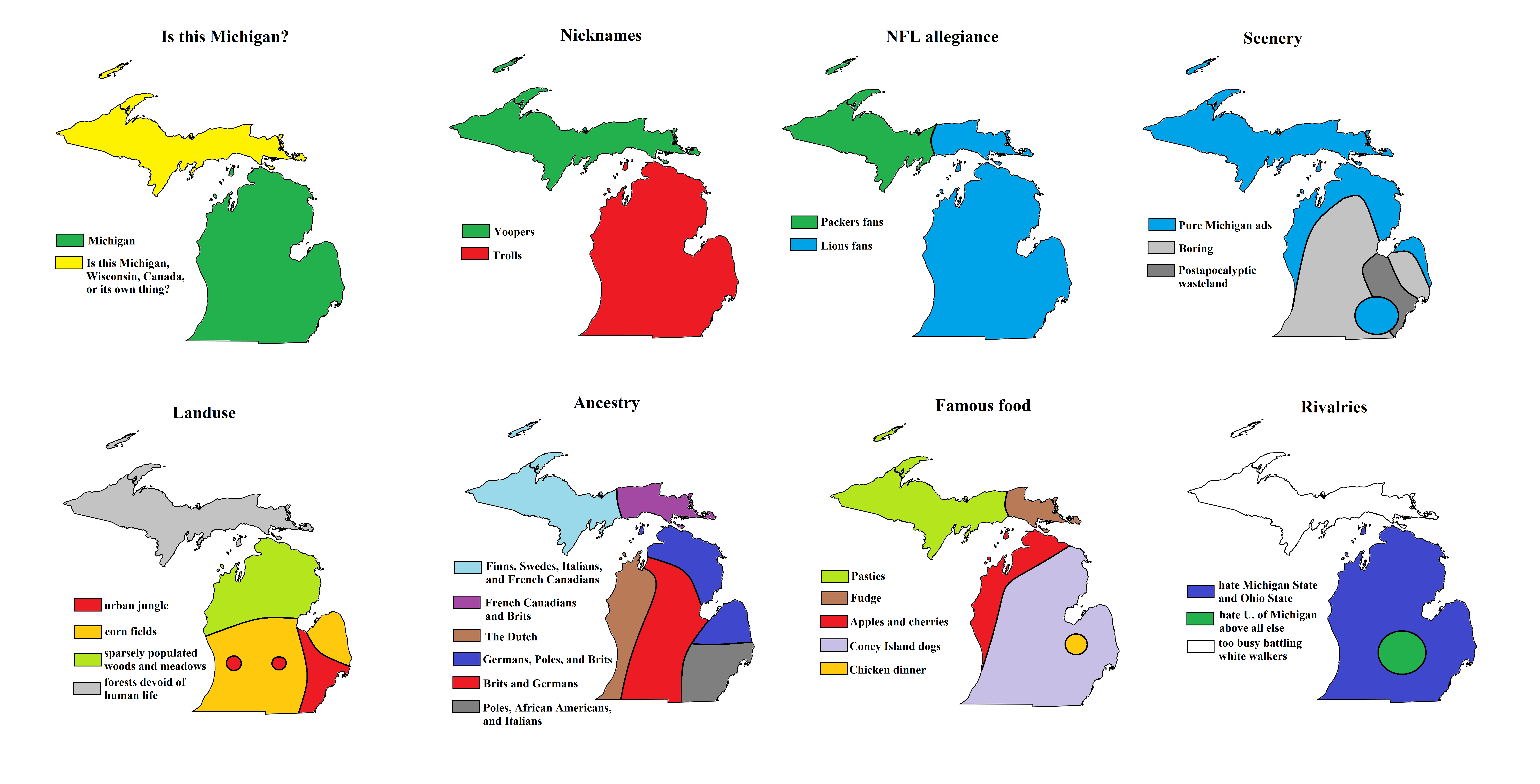 Eight ways to divide Michigan [8512 x 4336] r/divisionmaps