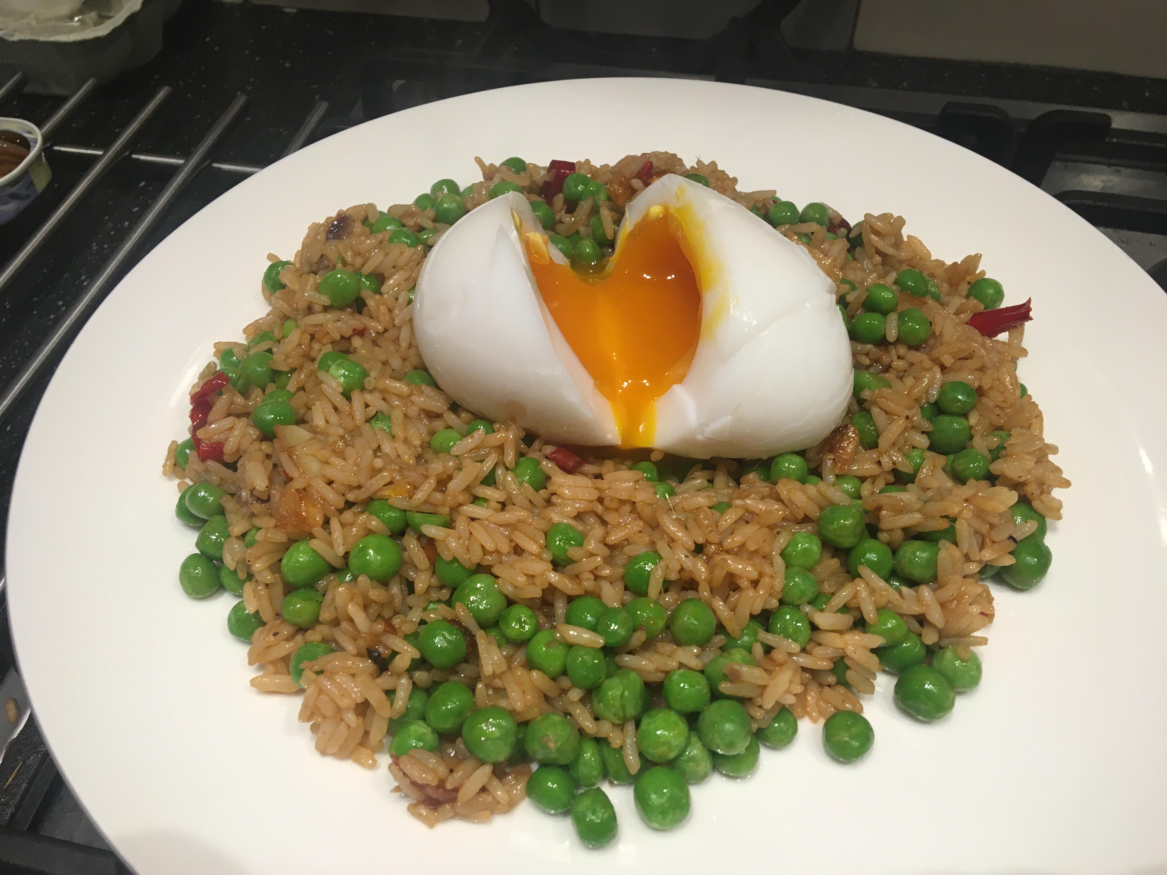 Goose egg Boiled, Sriracha, Sumac and Fish sauce Fried rice, Garden