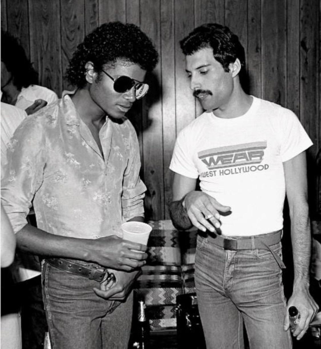 Michael Jackson and Freddy Mercury backstage before a Queen concert in