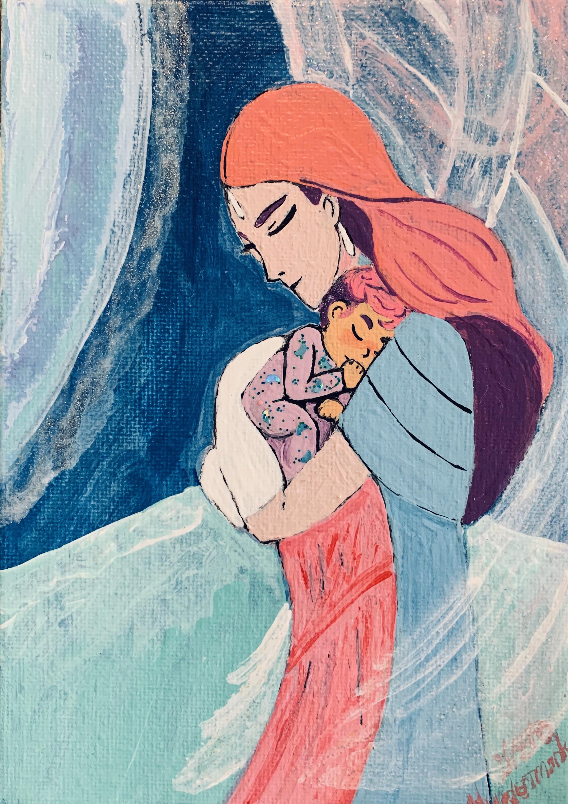 Queen Angella with newborn Princess Glimmer in the moonstone chamber