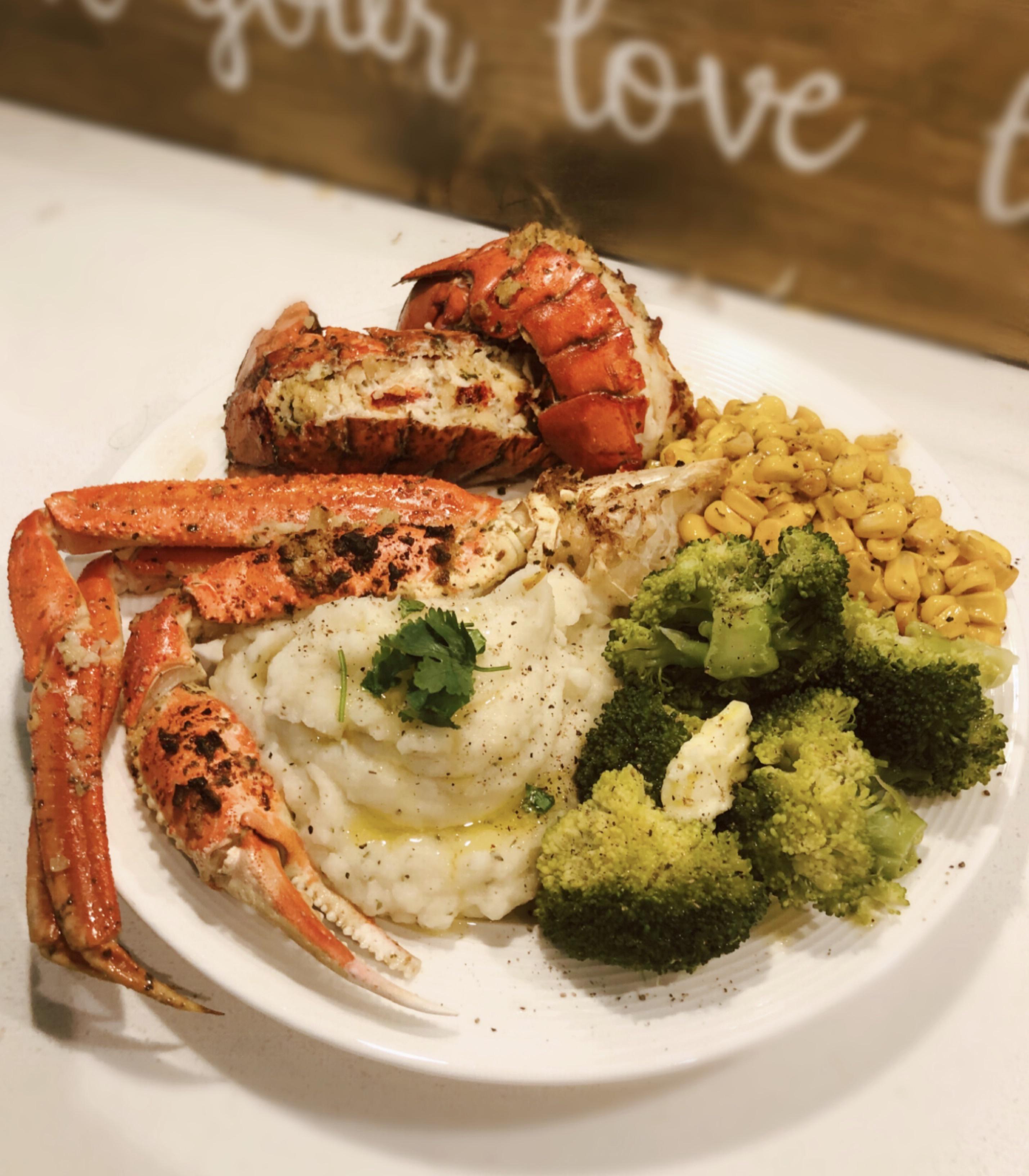 Garlic butter crab legs and lobster tails, garlic mashed potatoes with