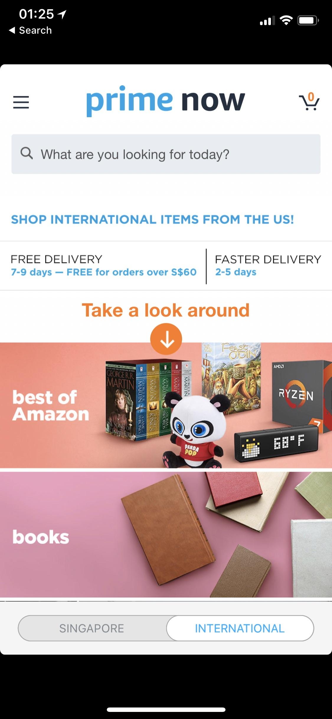 After killing free shipping to Singapore, Amazon Prime Now app has an international section. r