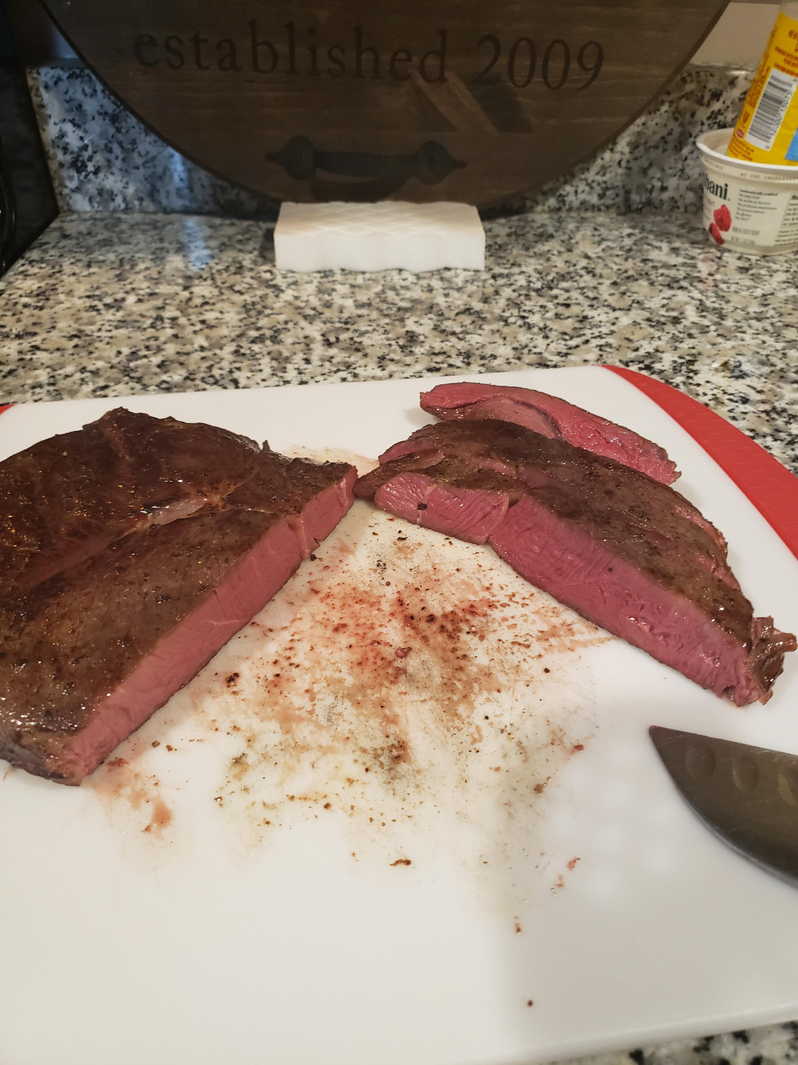 First Sous Vide. Top round steak. 4 hours 130. Seared off with propane torch. Amazing flavor