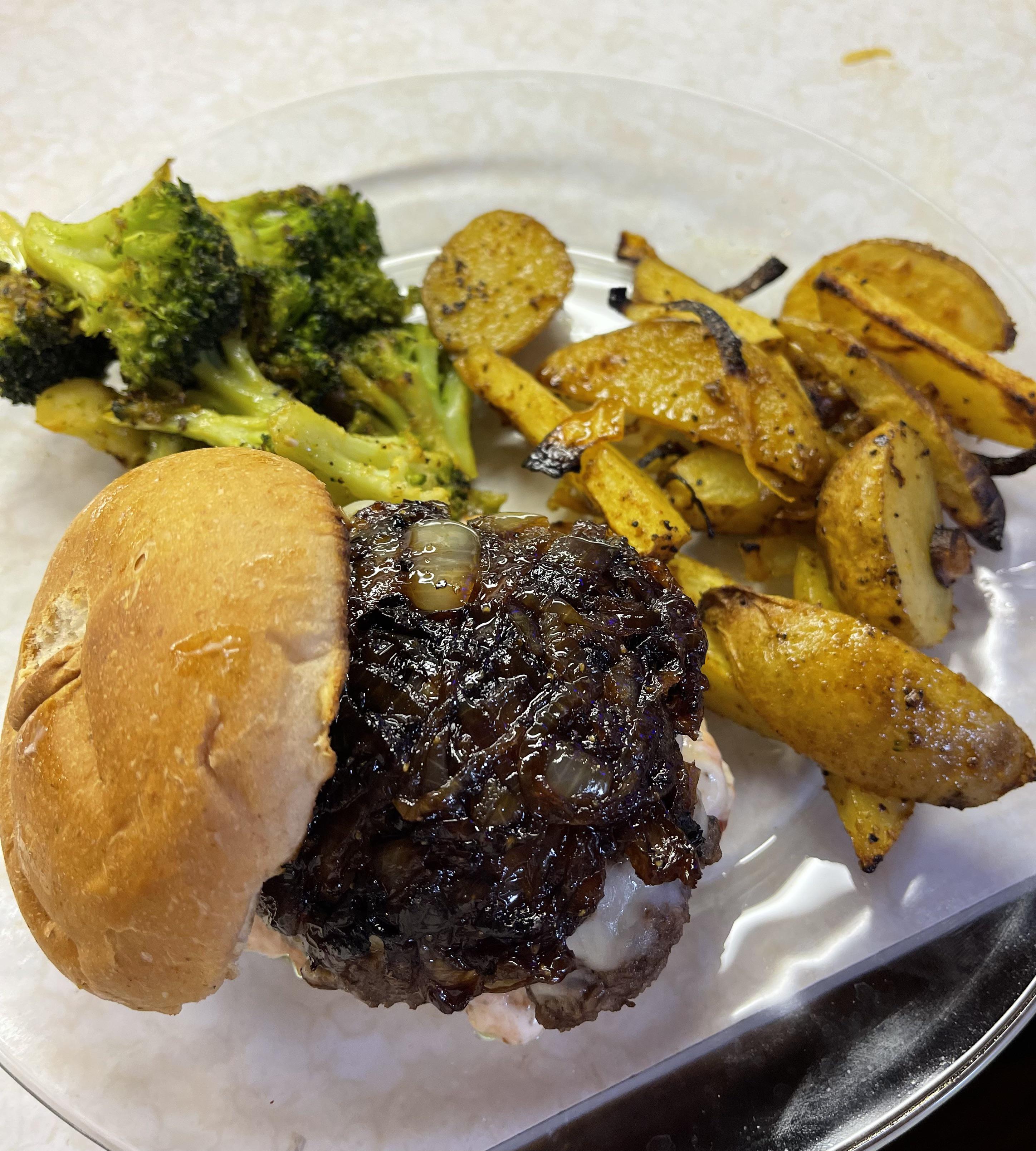 Melty Monterey Jack Burgers with onion jam, garlic mayo, and potato