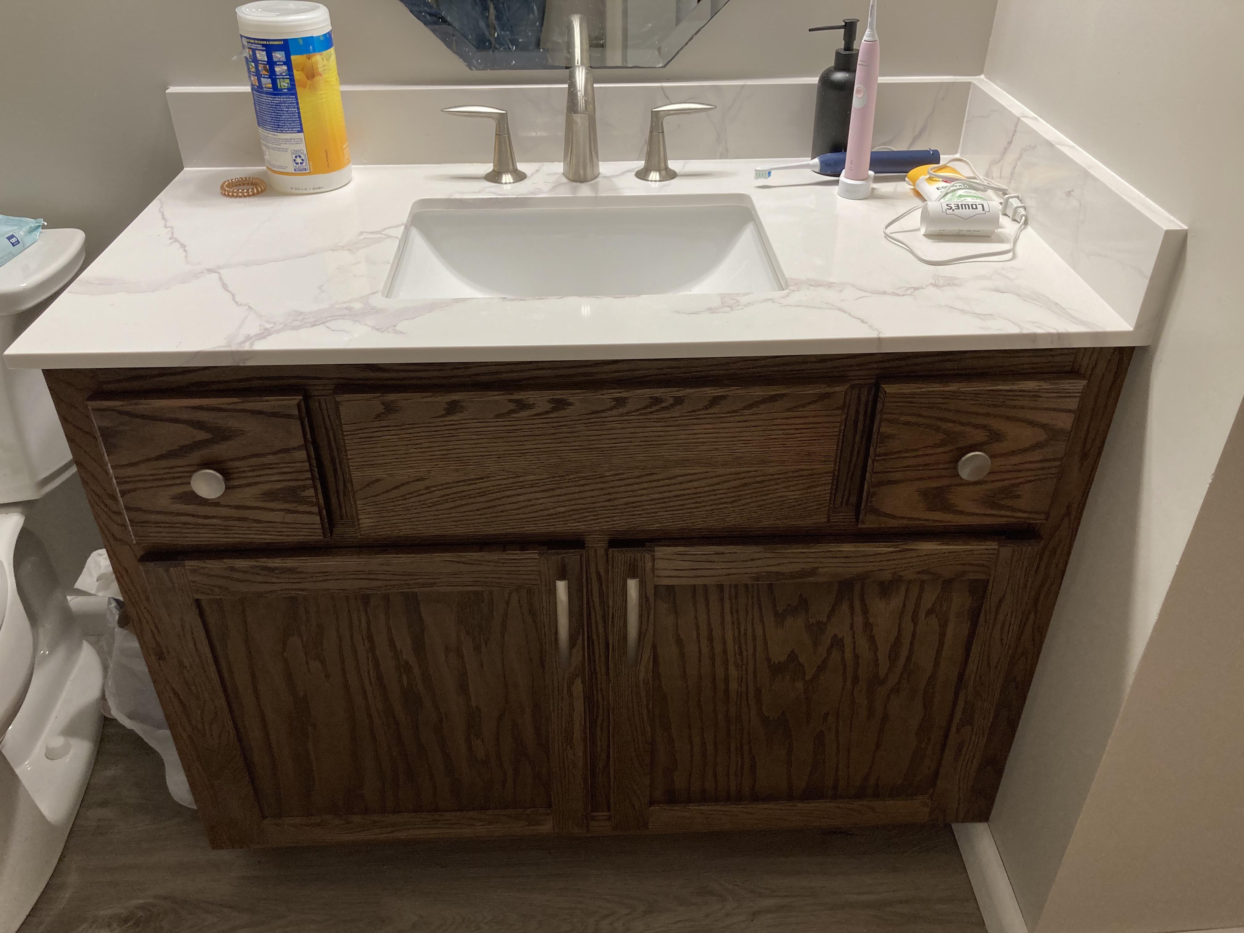 Finally finished my bathroom vanity. Red oak with minwax espresso stain