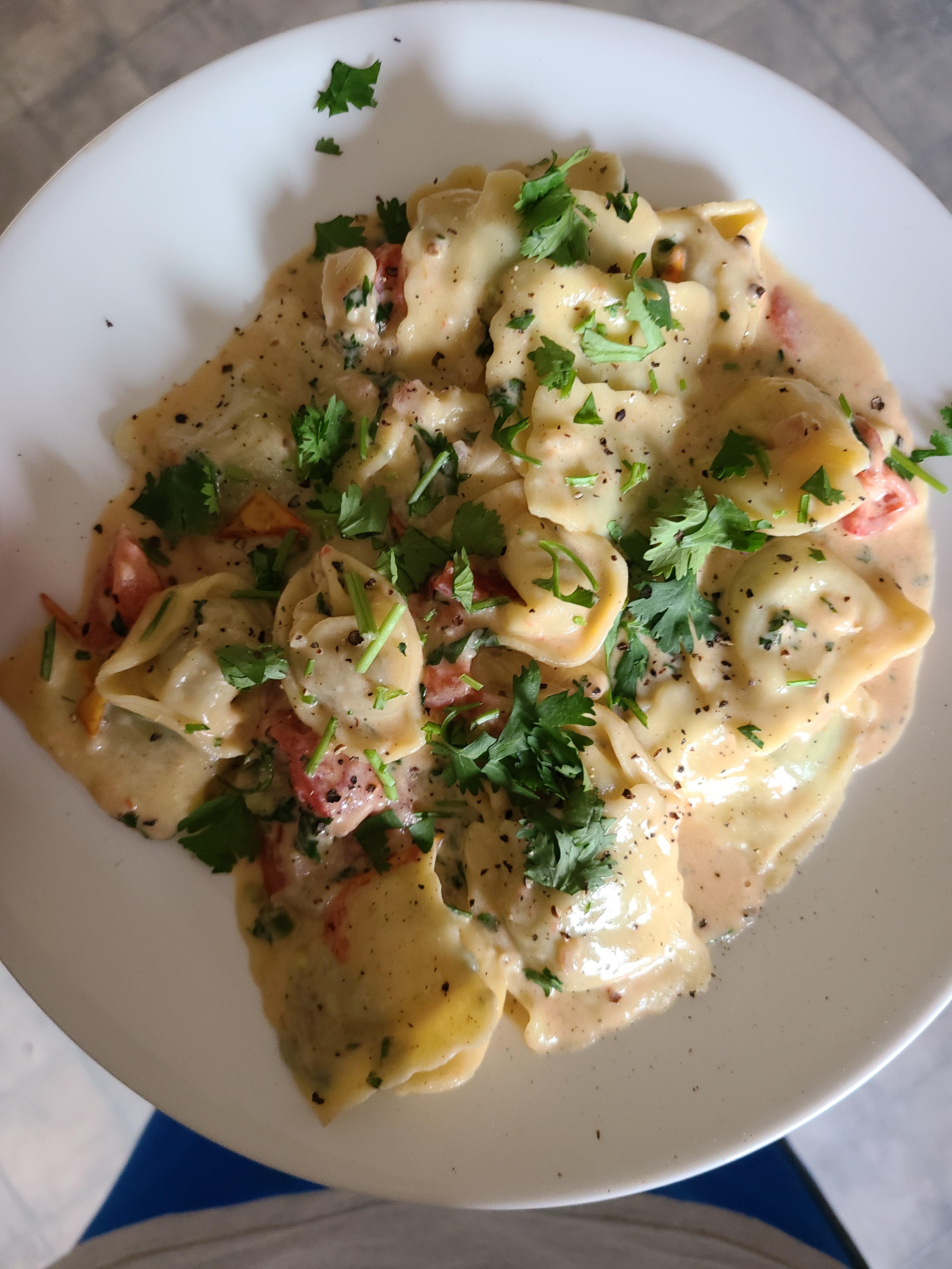 From scratch Alfredo with tomatoes and cilantro. Spinach and cheese
