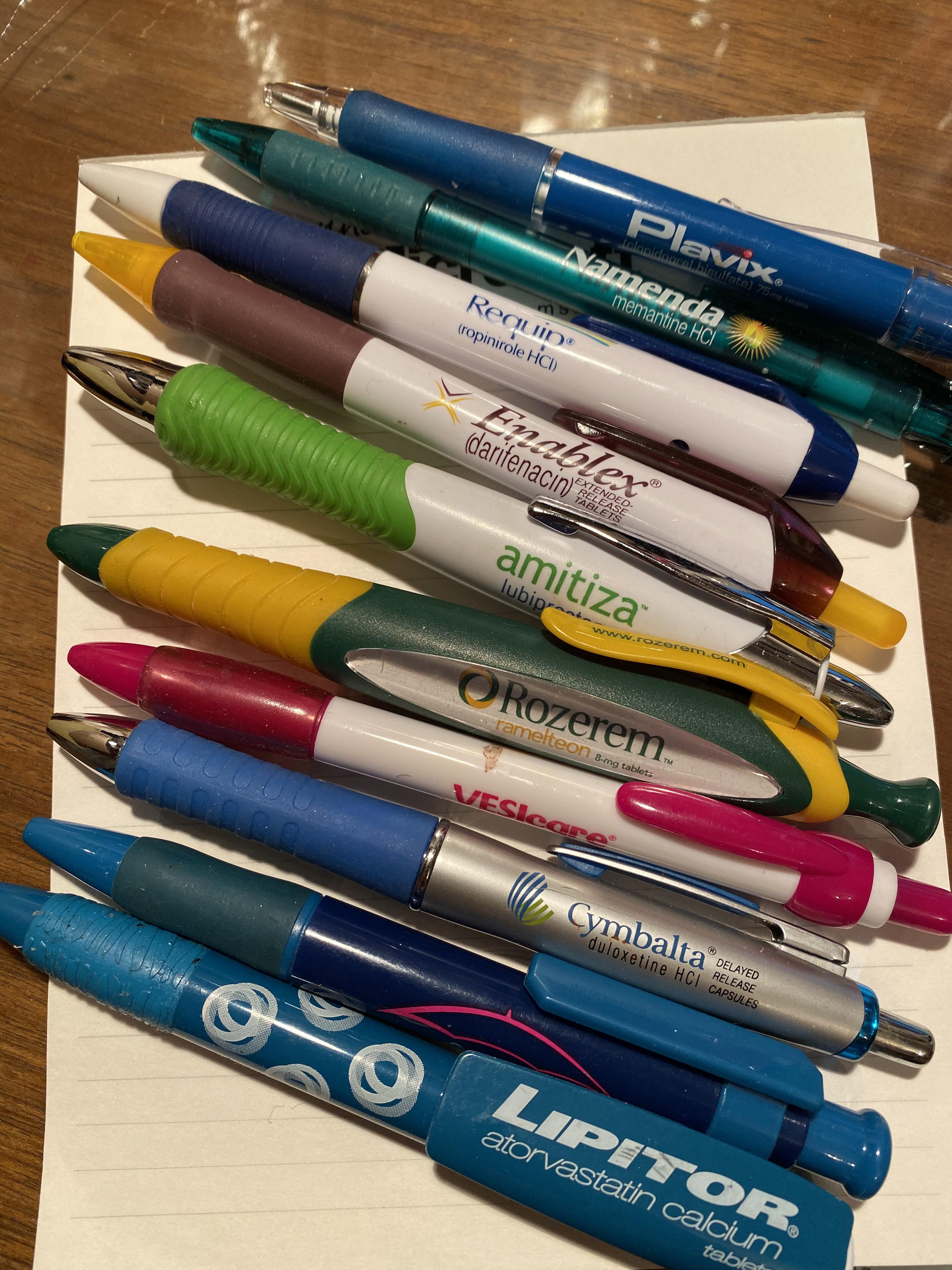 Easy Return 10 Drug Rep Pens Bextra Translucent Blues Red and Silver Smooth Writers Free