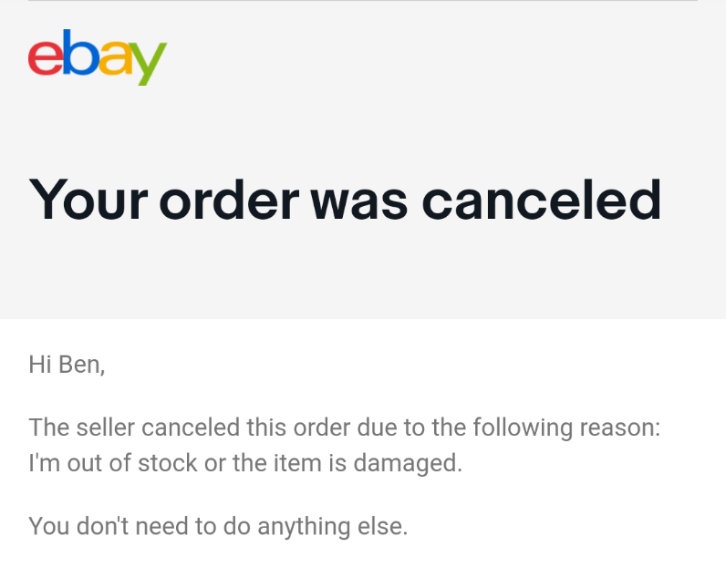 eBay order was cancelled by seller, but eBay won't let me leave a