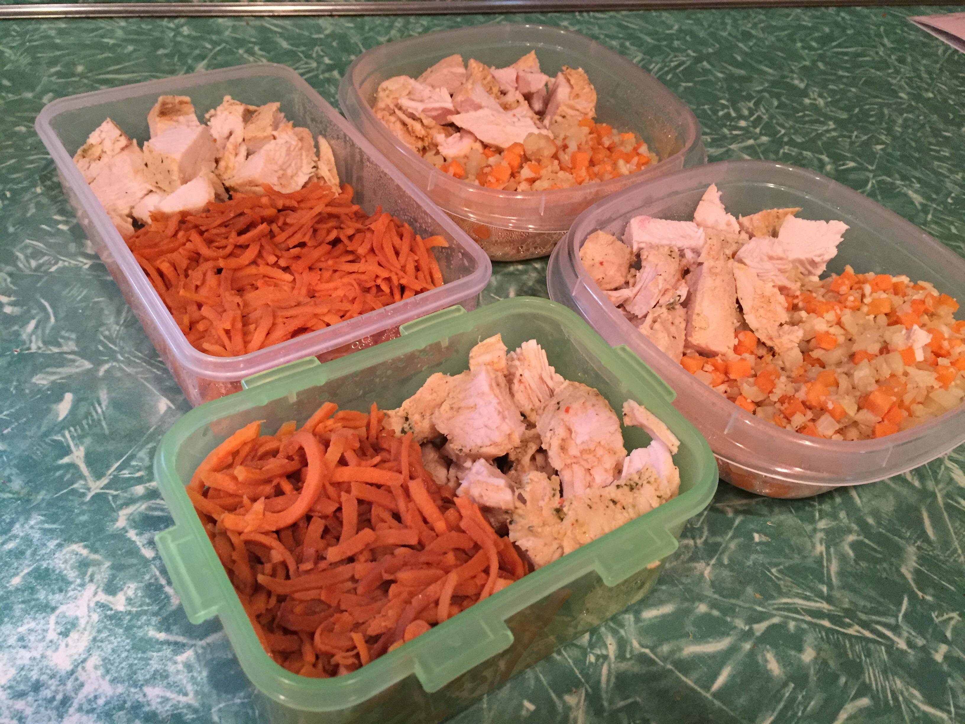 Steamed cauliflower and sweet potato with turkey breast. 180 cal and