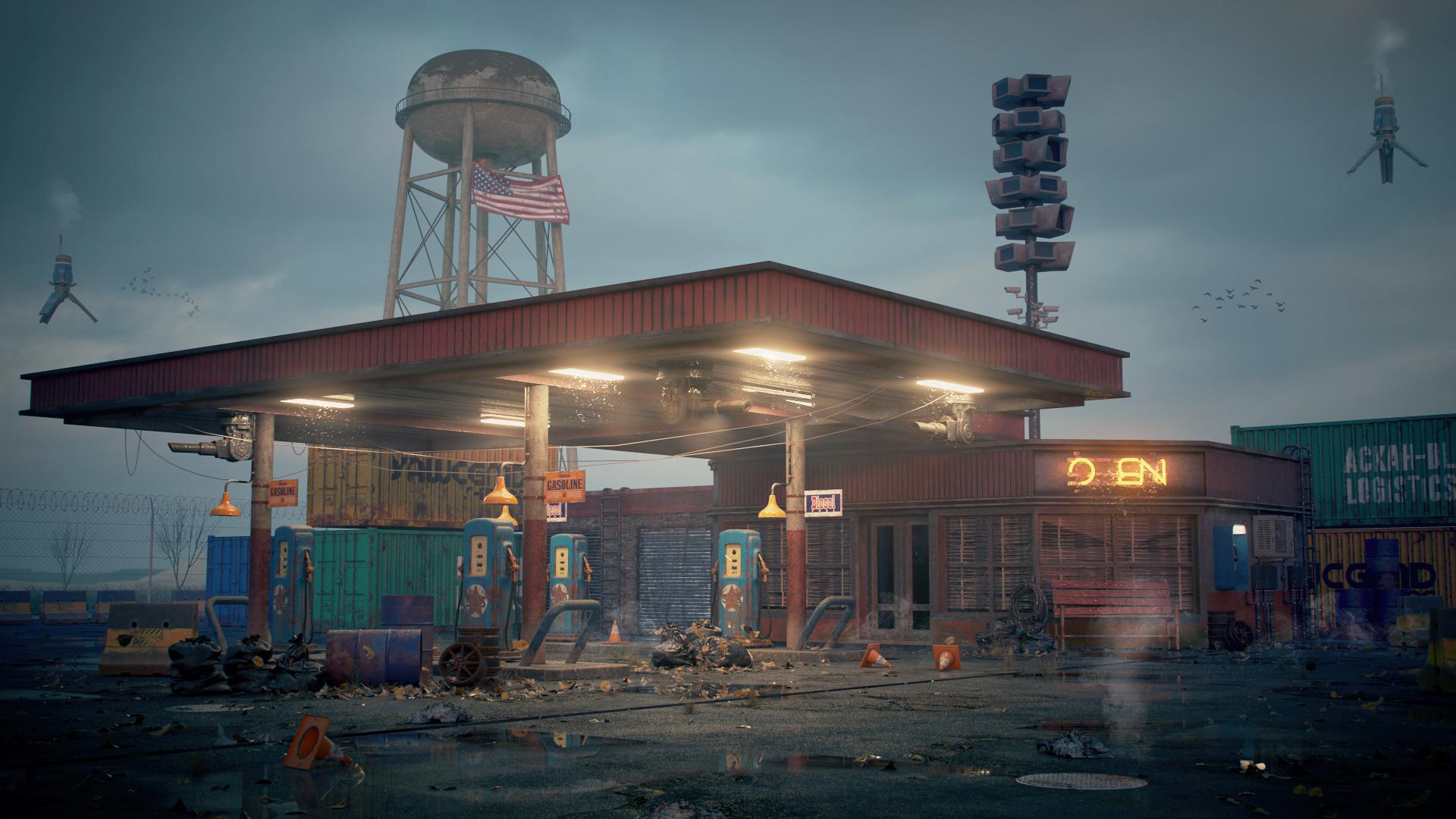 WIP. Here's a postapocalyptic gas station. It's my biggest personal