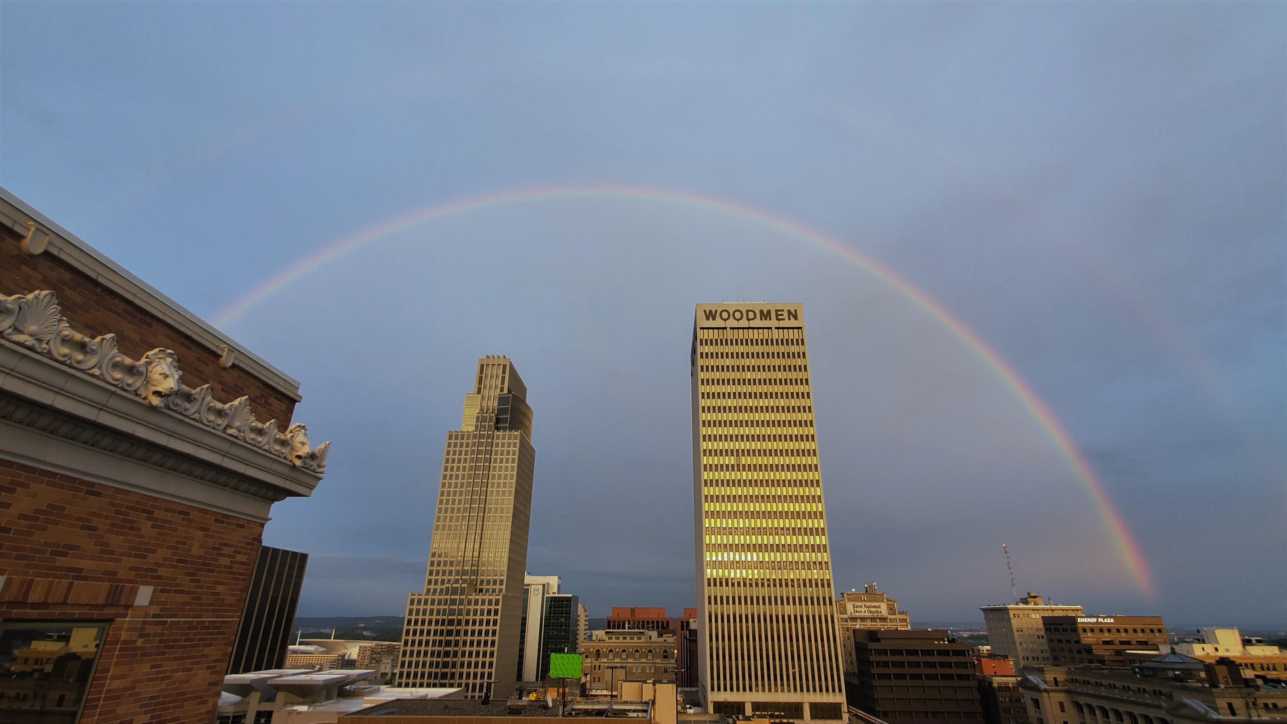 Double rainbow downtown after yesterday's storm r/Omaha